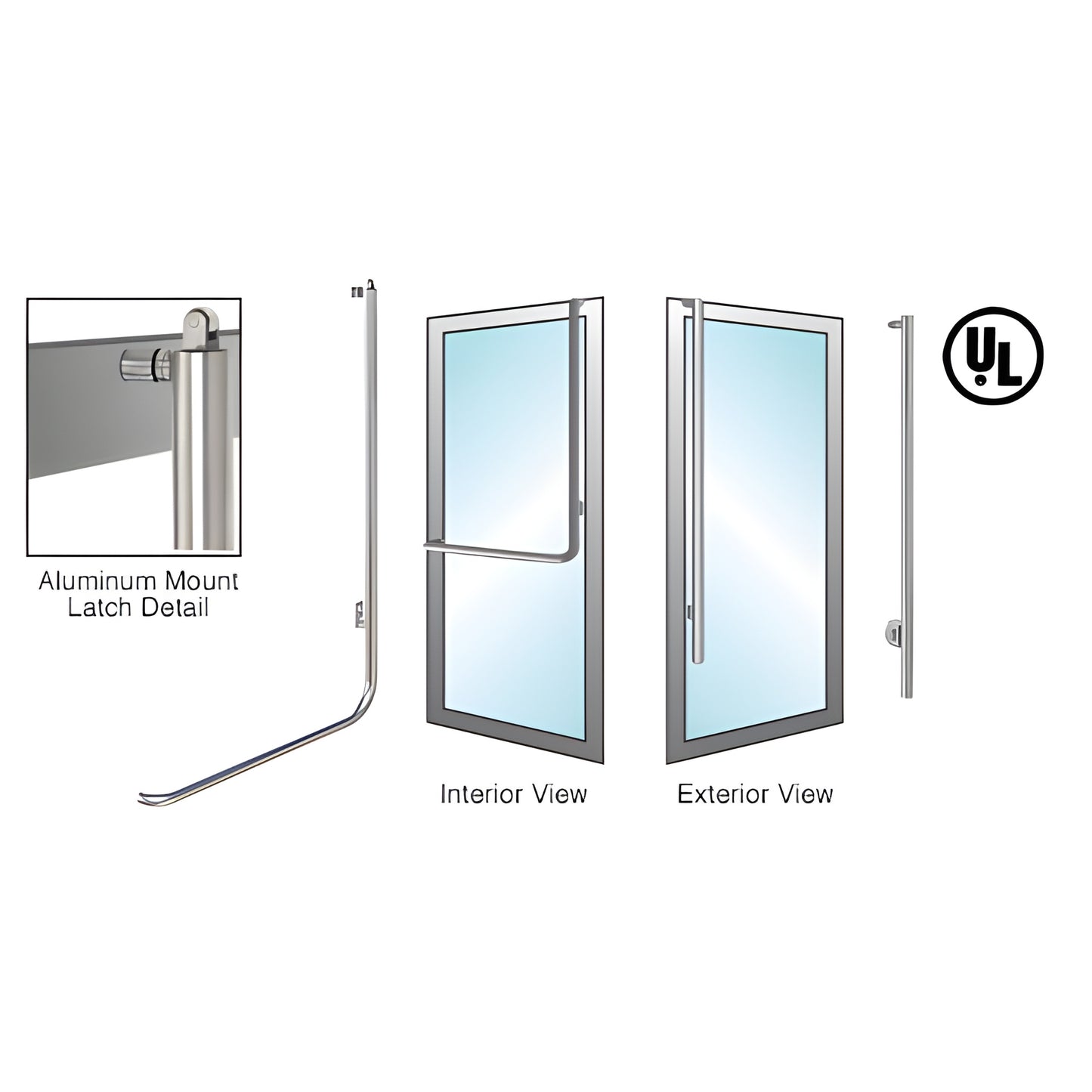 PA100LS3AKBS tubular brushed stainless panic handle for 1/2-3/4" tempered glass doors; interior push bar, exterior fixed pull