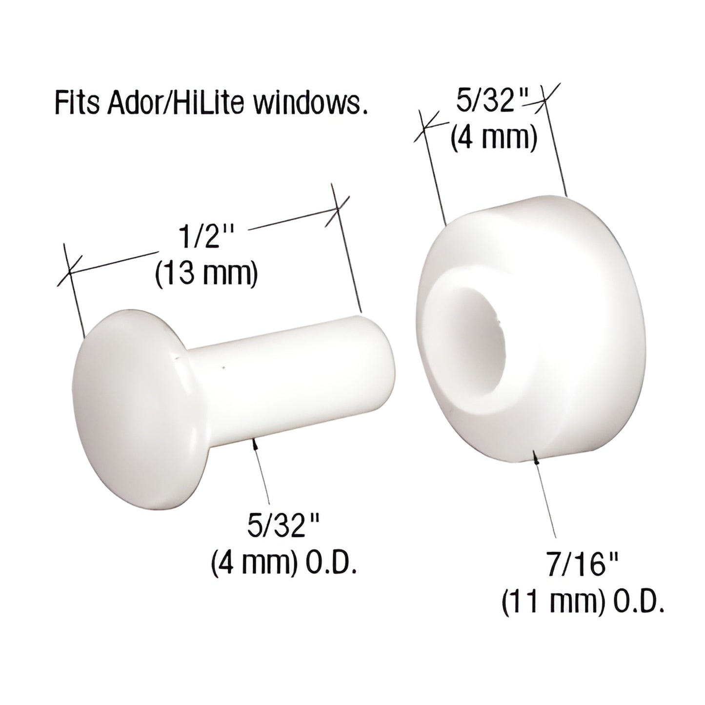 White nylon flat roller with 1/2" (13 mm) nylon axle pin, 5/32" x 7/16" for Ador/HiLite windows, SKU G3016