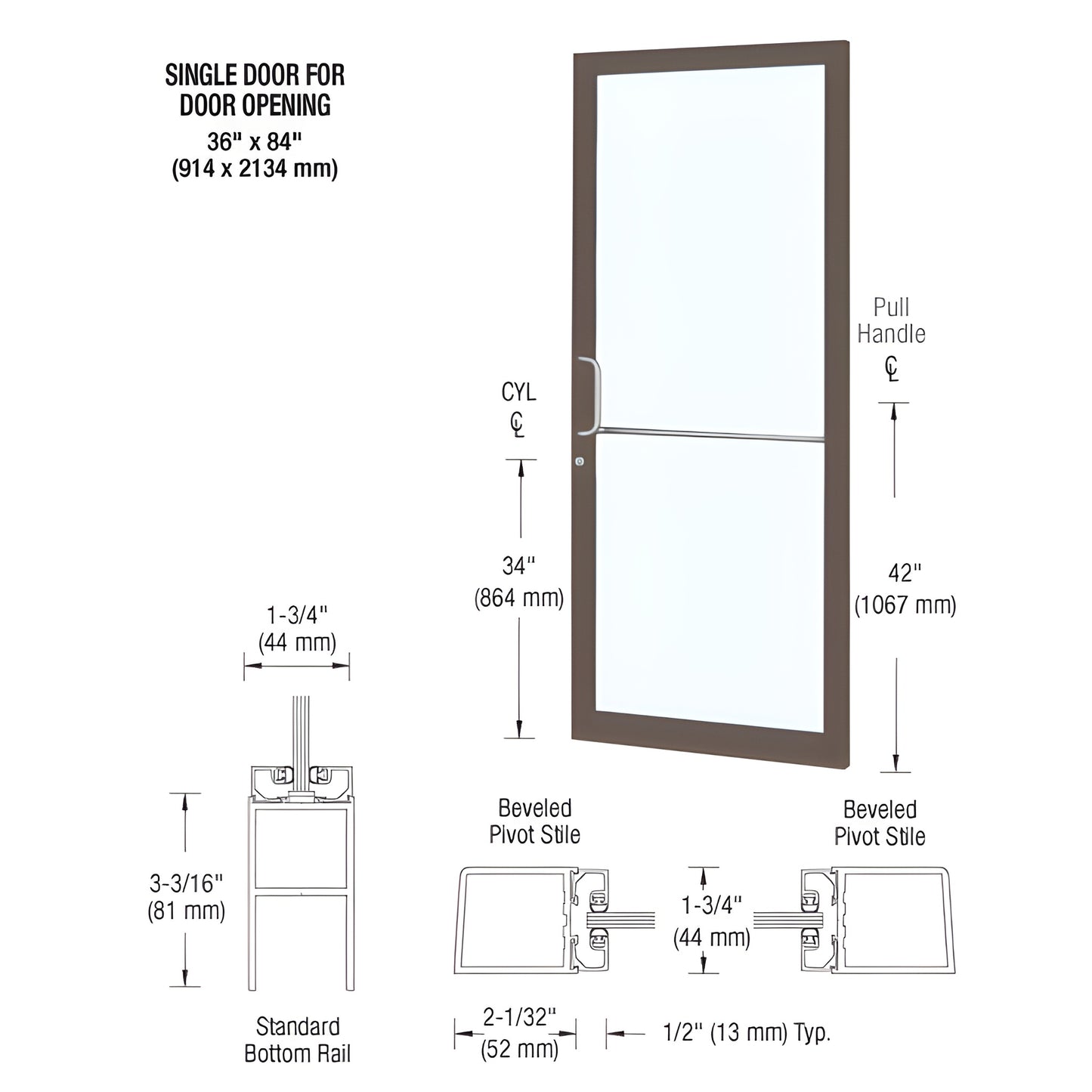 DC21822 narrow stile commercial entrance door, black bronze anodized frame with glass, 36 x 84 in, ADA-ready details