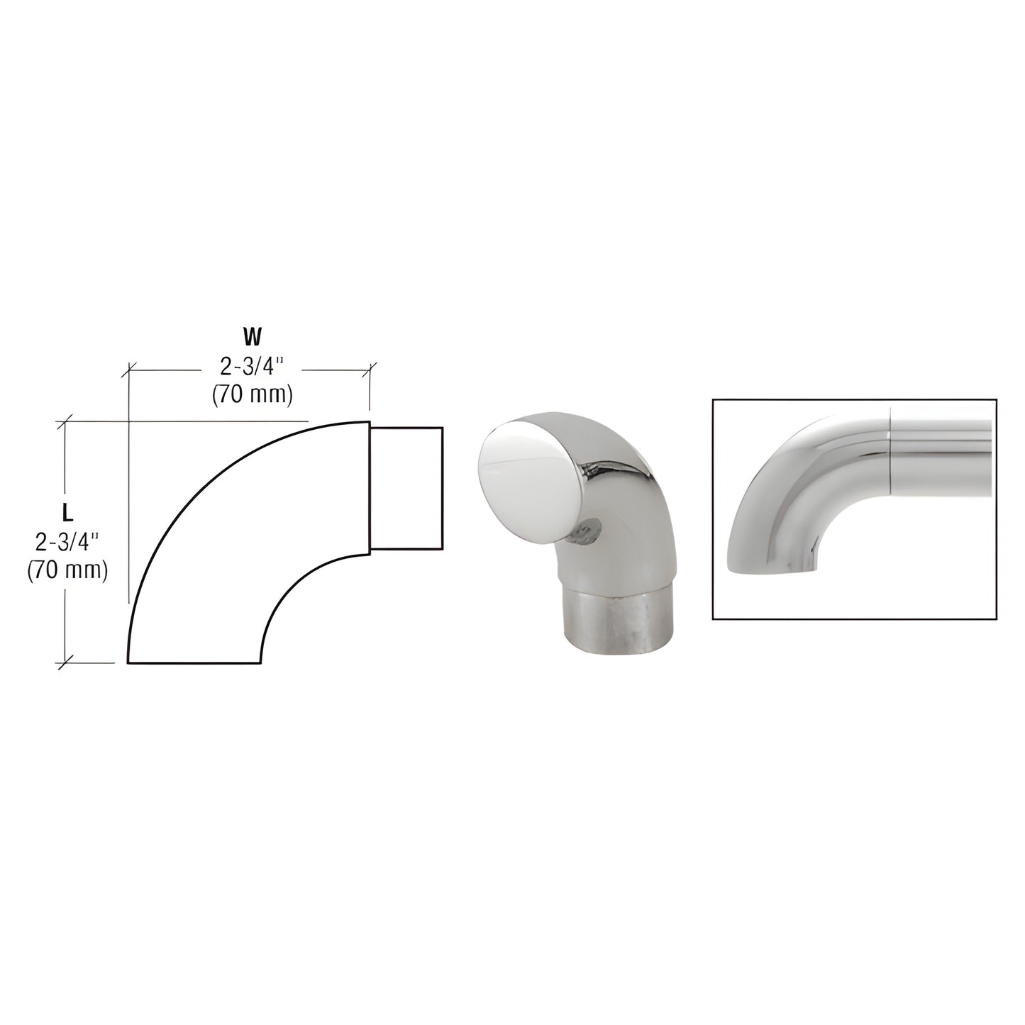 HR15RPS 1-1/2" polished stainless steel 90 flush angle end tubing insert for handrails, ready-to-install.