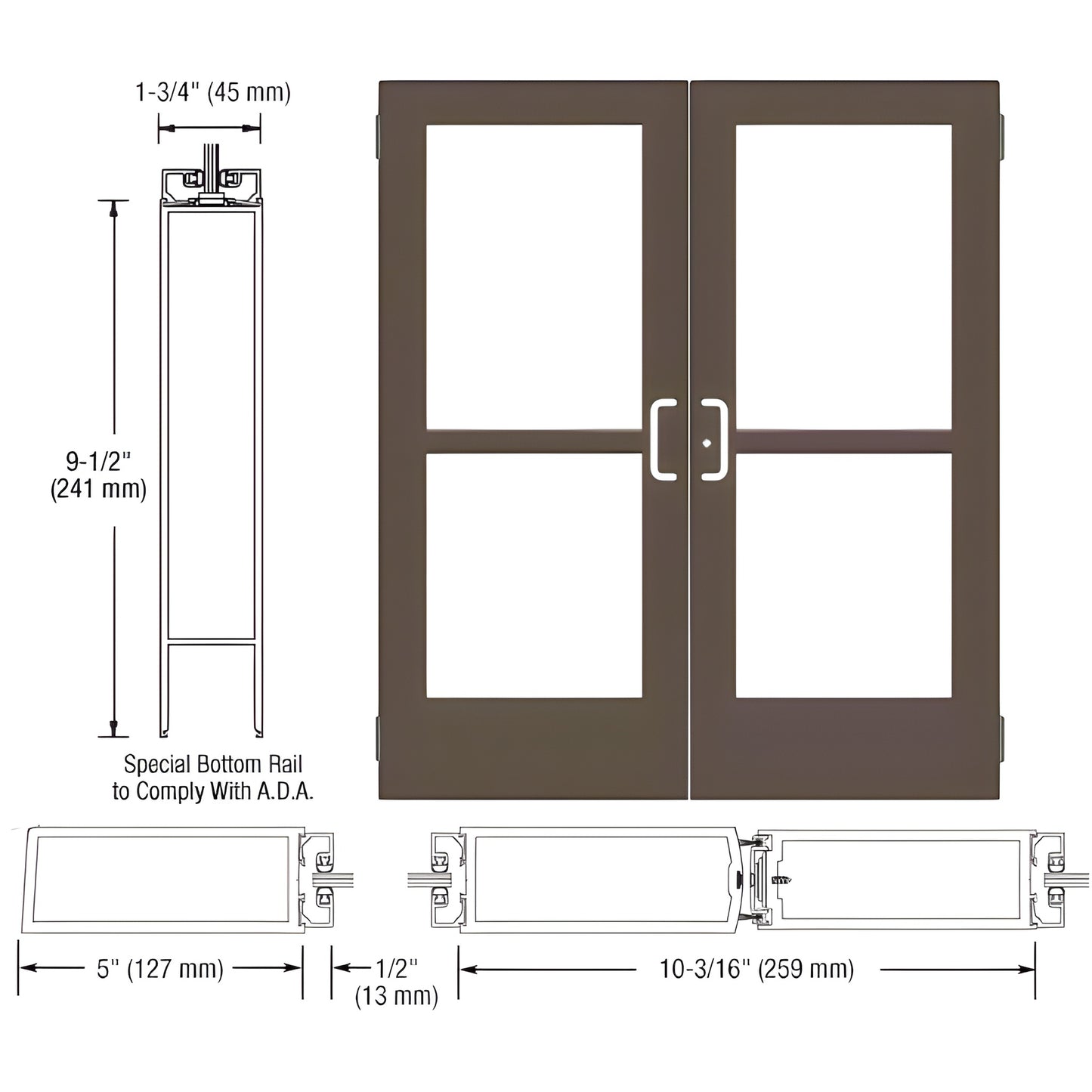CRL CZ52522 black bronze anodized wide-stile double commercial entrance door, 5" stiles, 9-1/2" ADA bottom rail