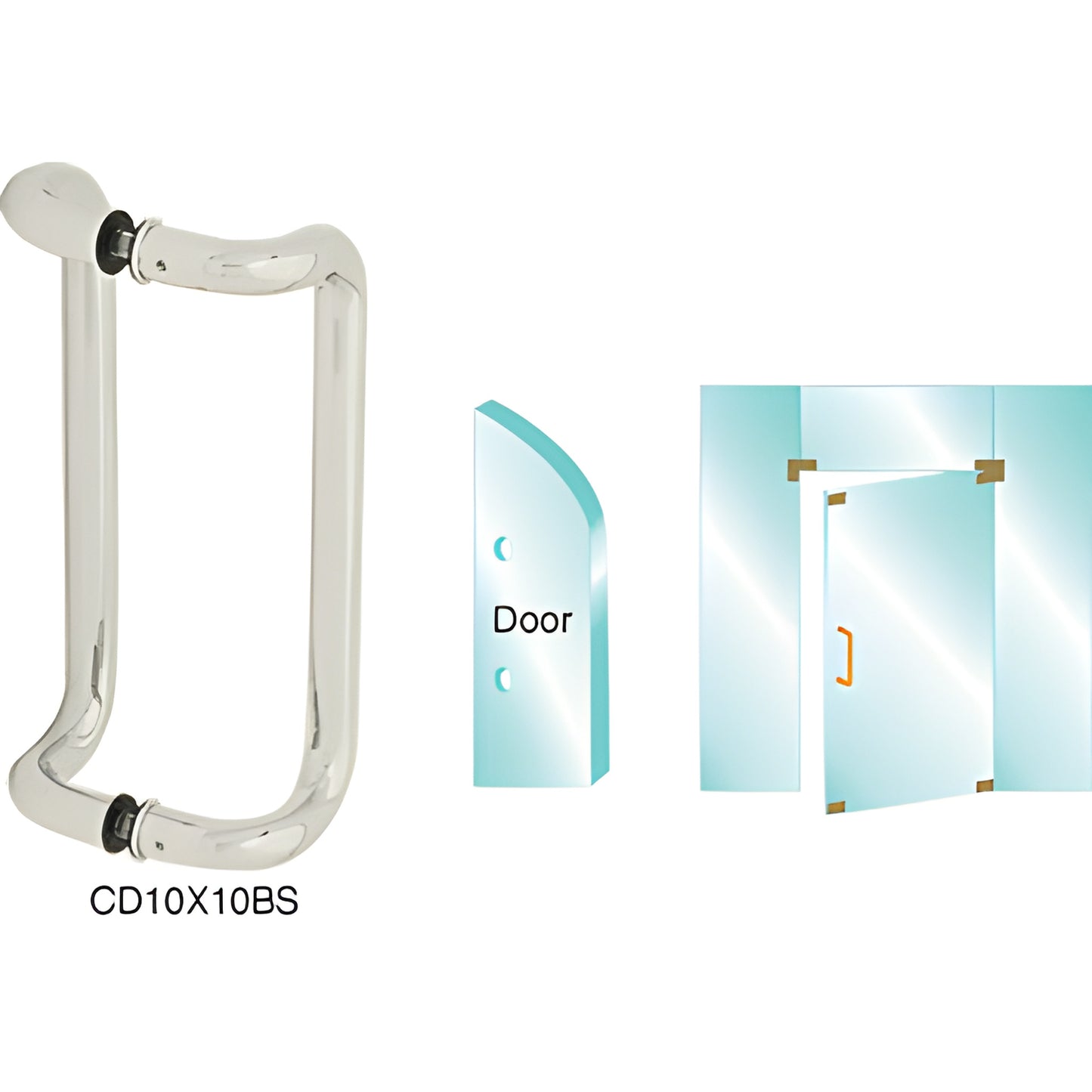 CD10X10BS brushed stainless glass-mounted pull handle, 1 in dia, 10 in center-to-center, fits 3/8-3/4 in glass