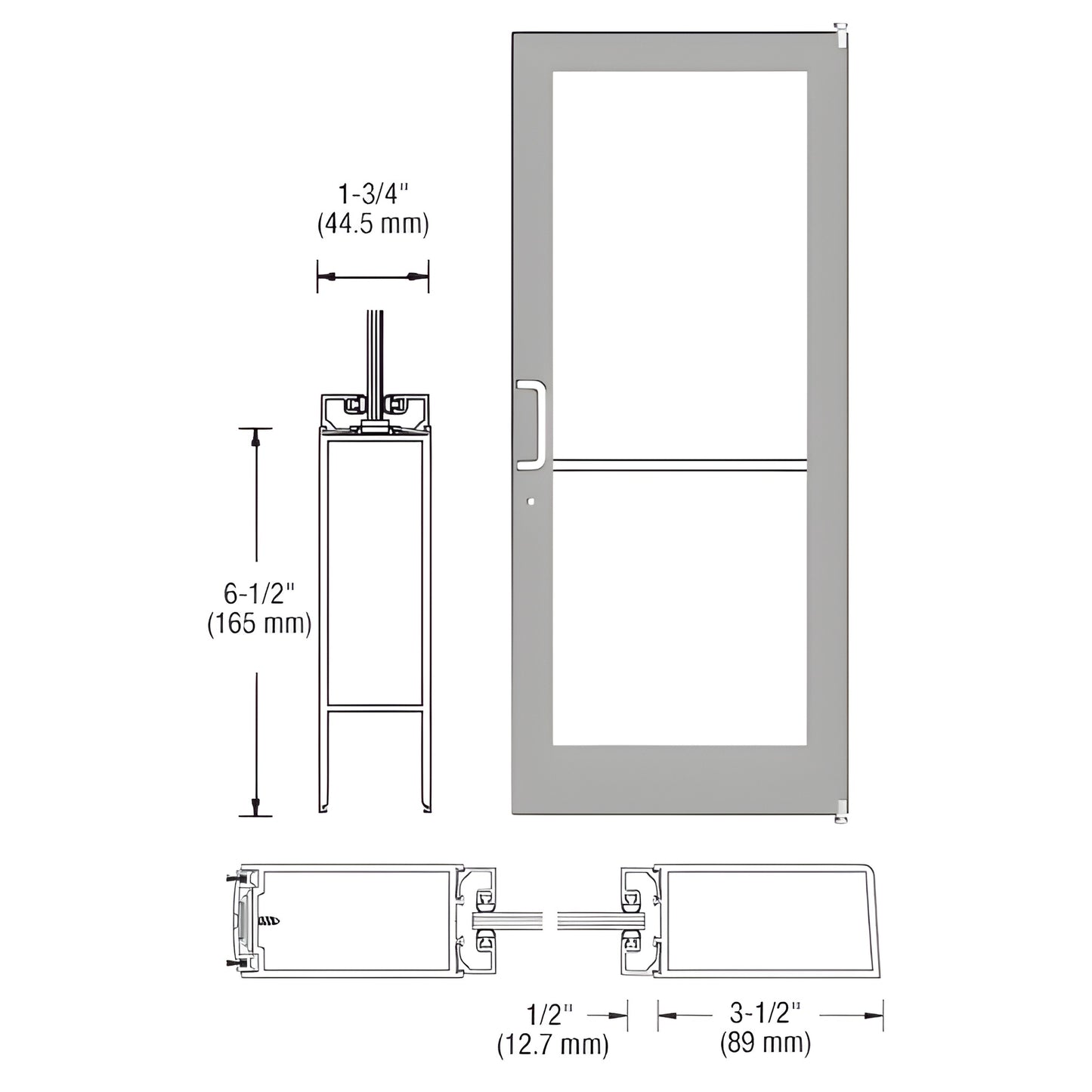 Clear anodized aluminum glass door active leaf 36x84, medium stile, 1/4" glass, 6-1/2" bottom rail - SKU DC42211LA36
