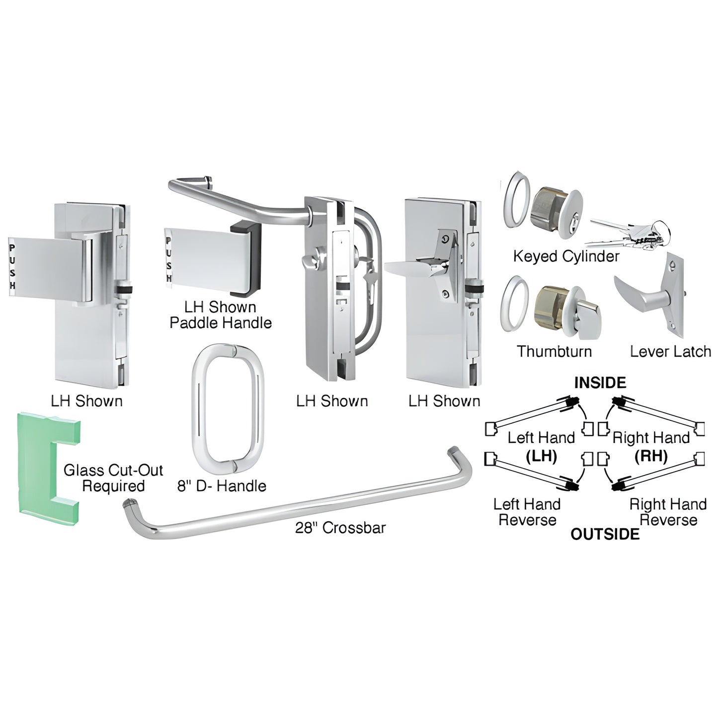DLL411BSC brushed stainless 4 10 center deadlatch for 1/2 glass doors, with paddle, D-handle, crossbar and cylinder options