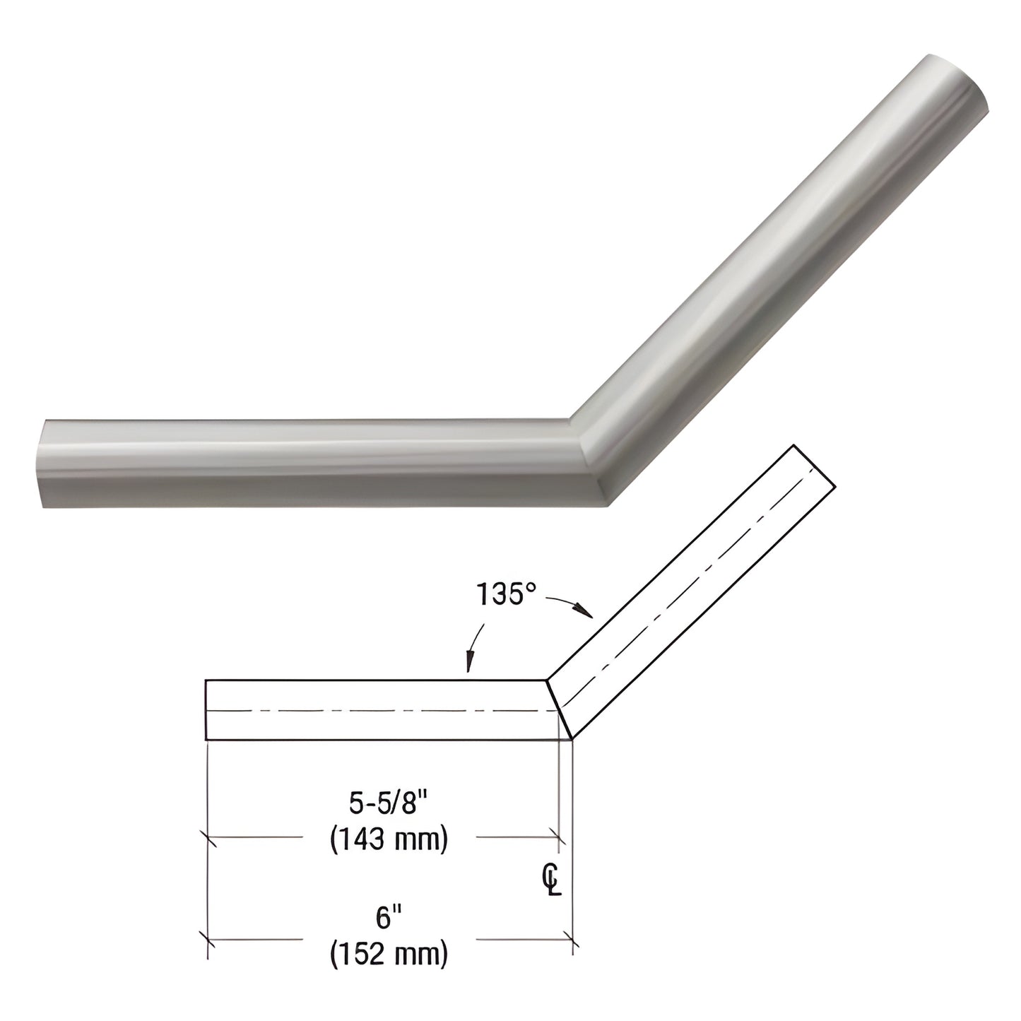 HRH15H3BS brushed stainless 135 handrail angle, 6x6 long-point stainless steel fitting
