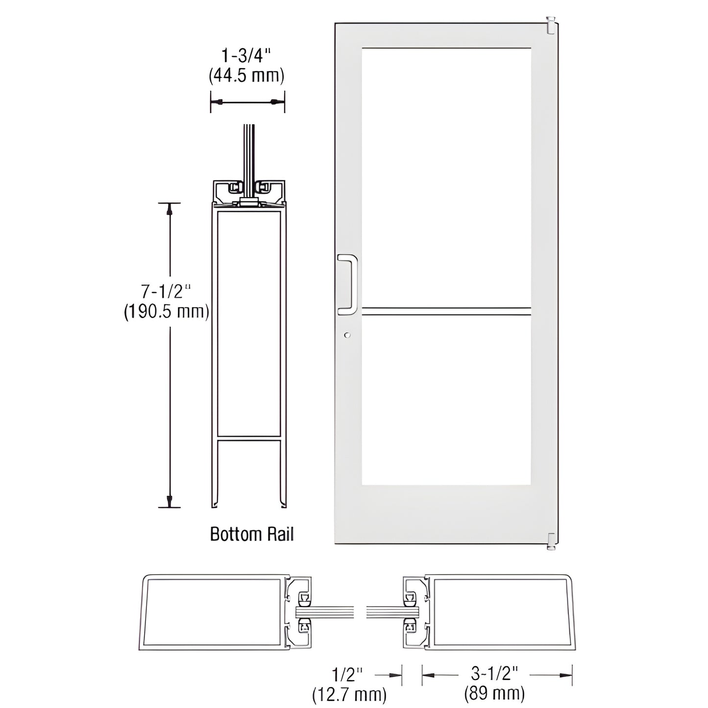 White Kynar medium stile commercial entrance door SKU HE41252L036, 7-1/2" bottom rail, push/pull hardware and glass panel