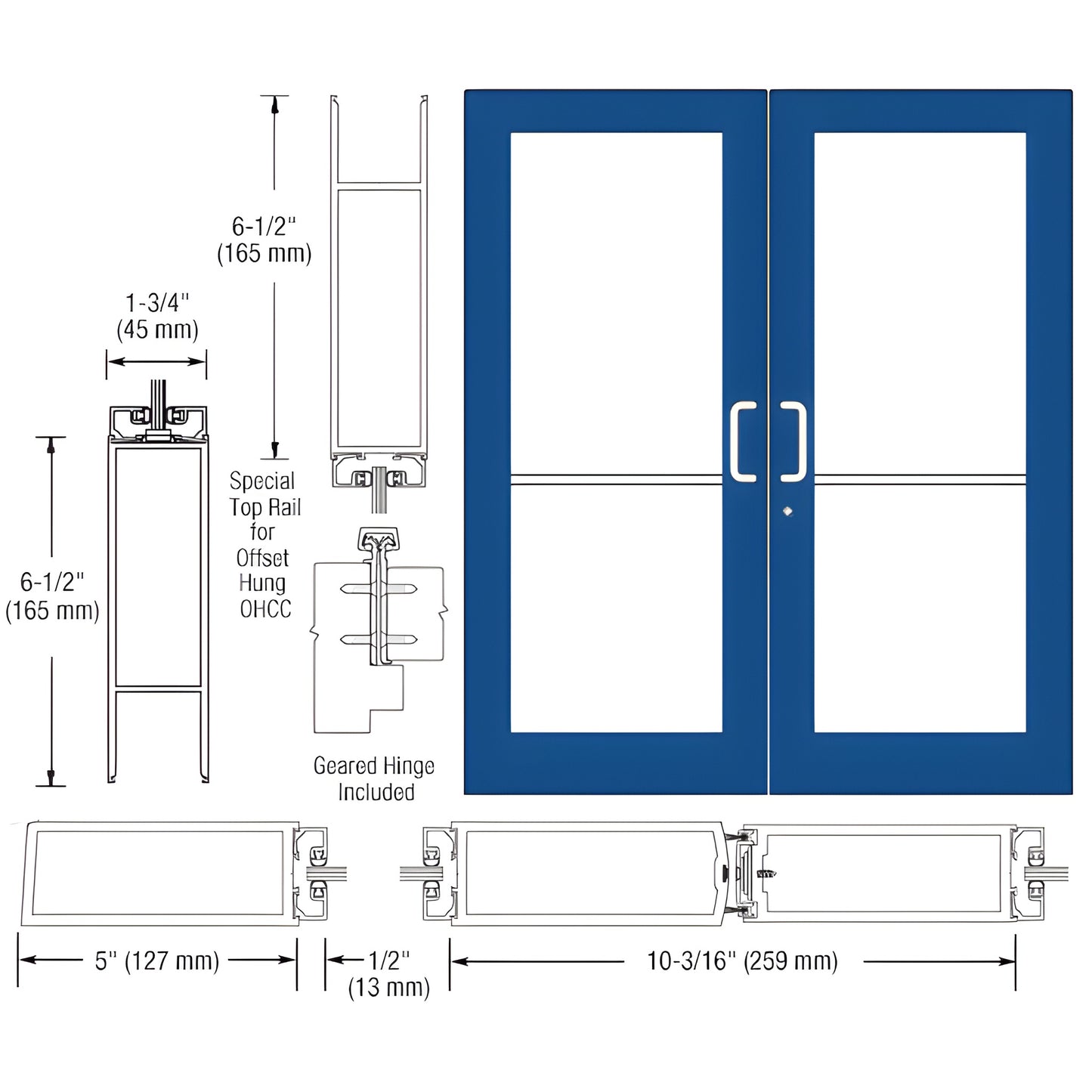 Blue custom wide-stile double entrance door with glass, hardware prep and dimensions shown - SKU DC52971