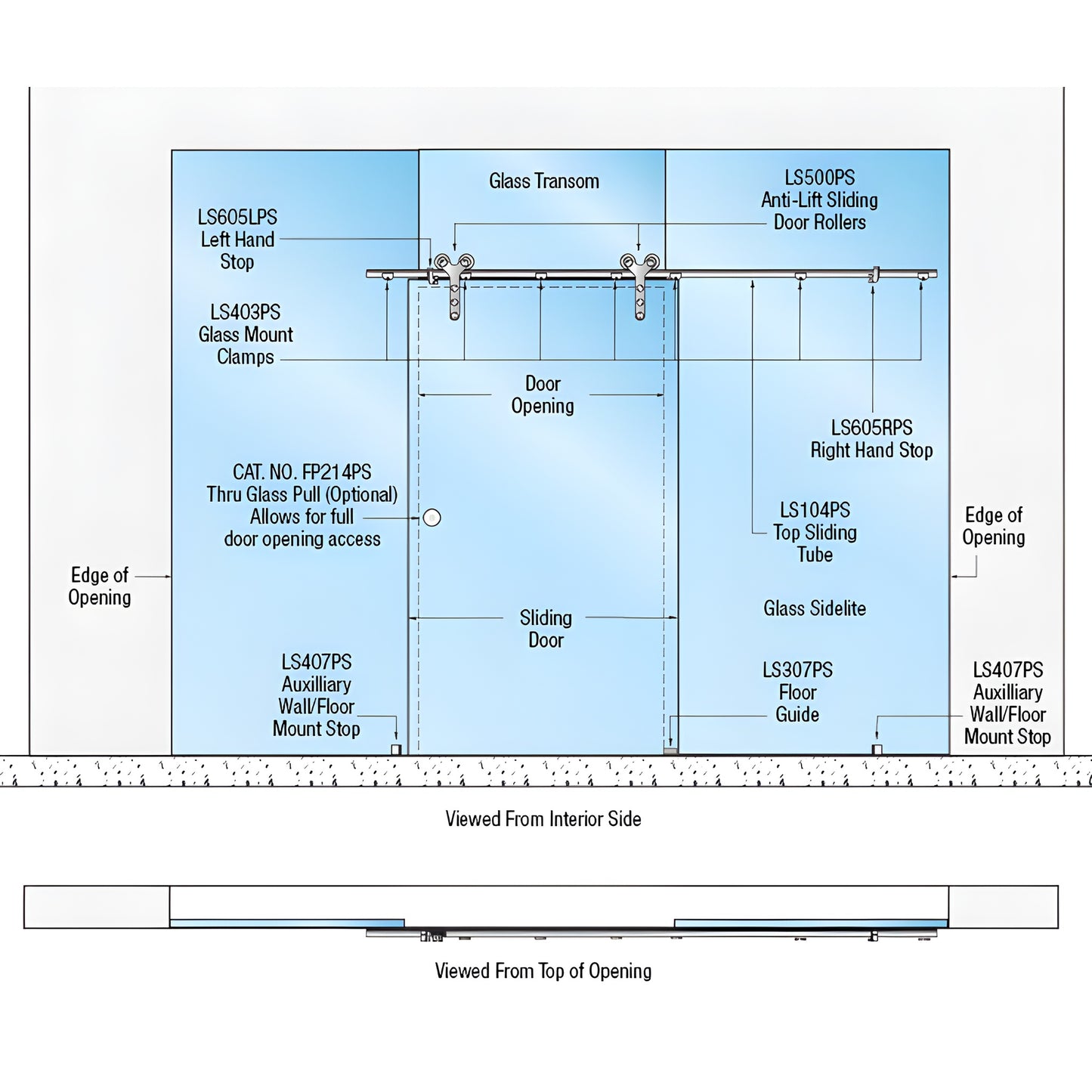 Diagram of CRL Laguna glass-mount single sliding door kit LSGM26PS with polished stainless top track, anti-lift rollers and d