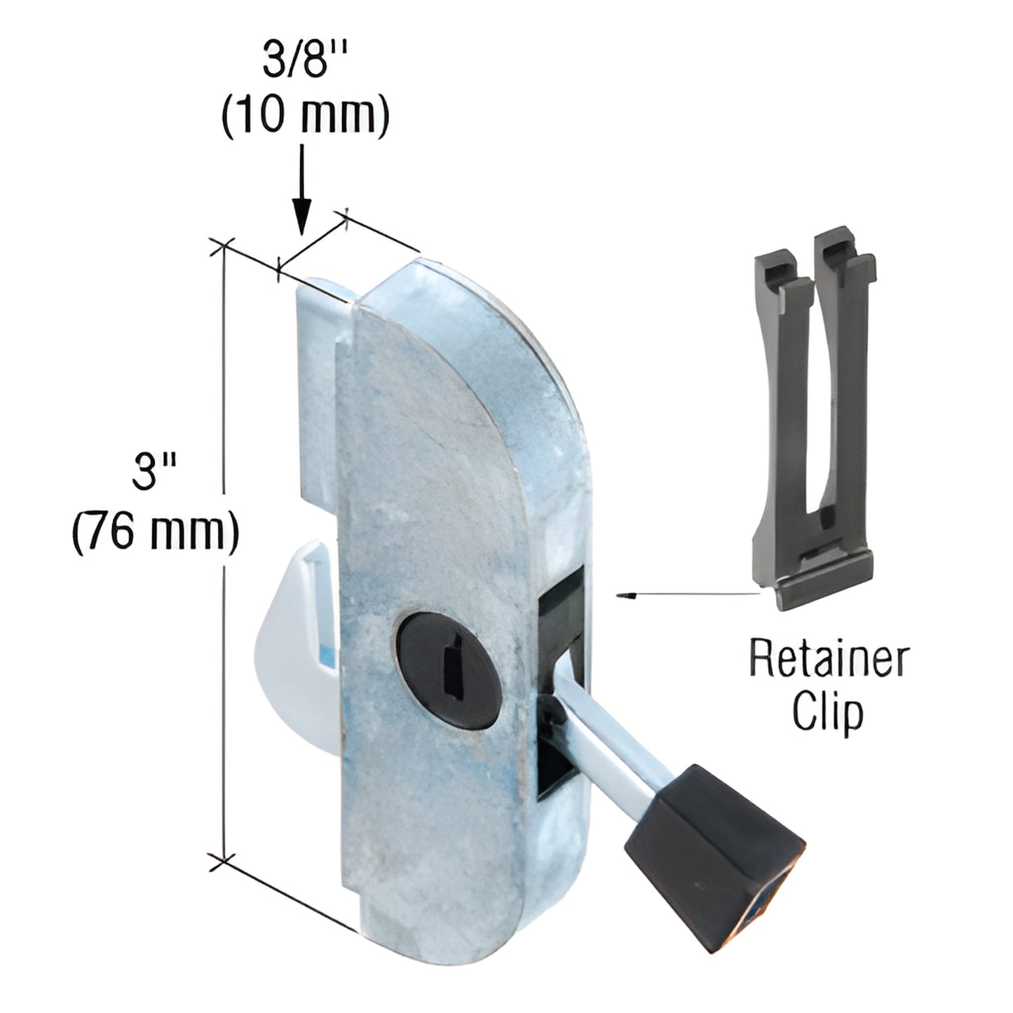 Diecast replacement lock housing E2077 for C1000 style handles, 3" long 3/8" wide, steel hook and latch with plastic retain