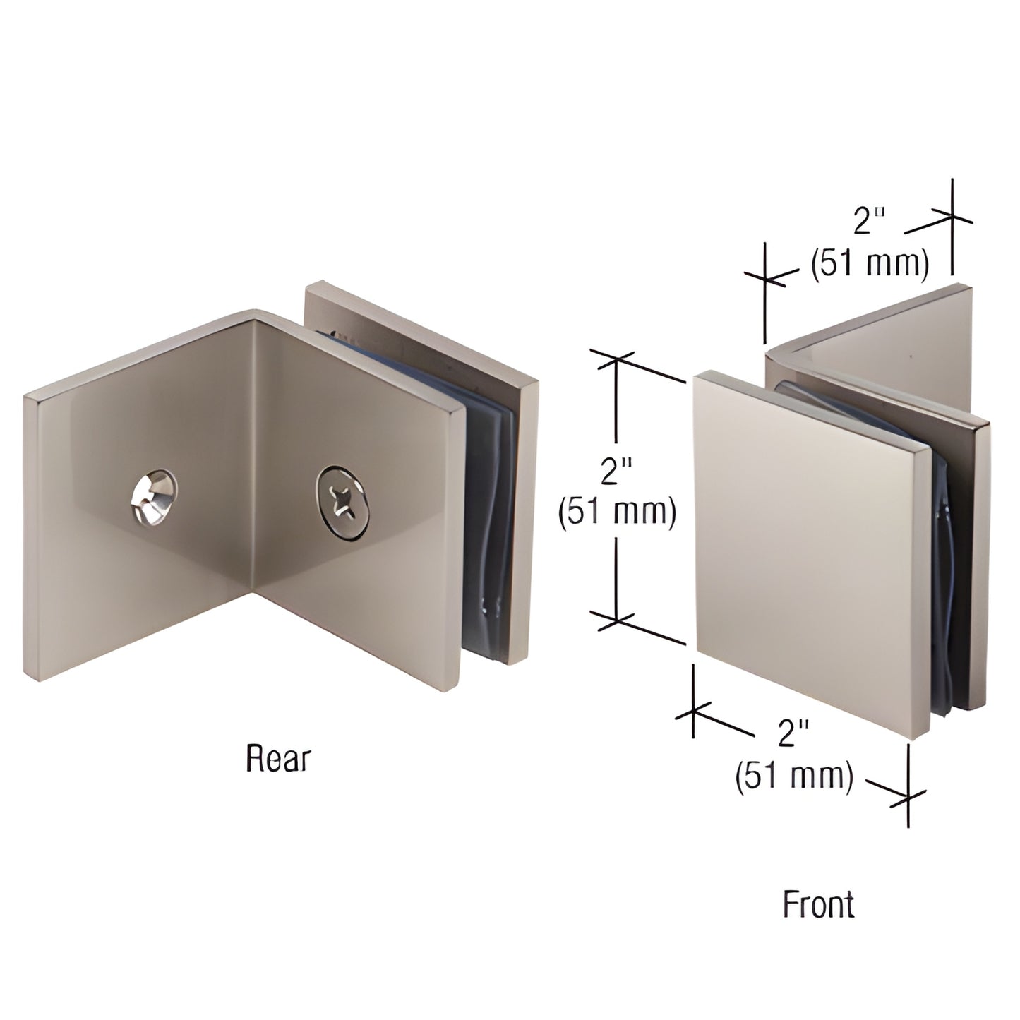 Brushed nickel square fixed-panel wall clamp SGC039BN, 2 in. x 2 in. brass clamp for 3/8-1/2 in. glass.