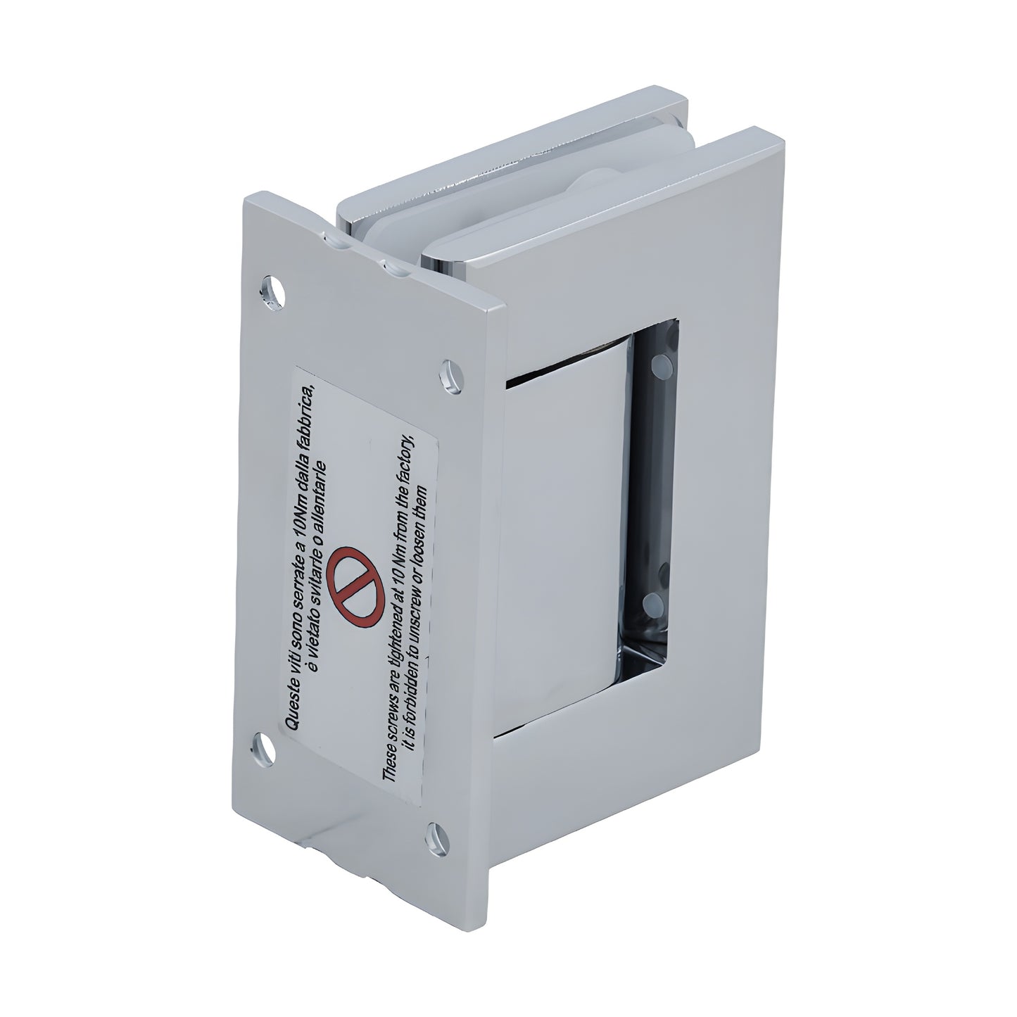 Polished chrome full-back wall hinge for frameless glass doors (H8010BTCH), aluminum, self-closing, 90 hold.