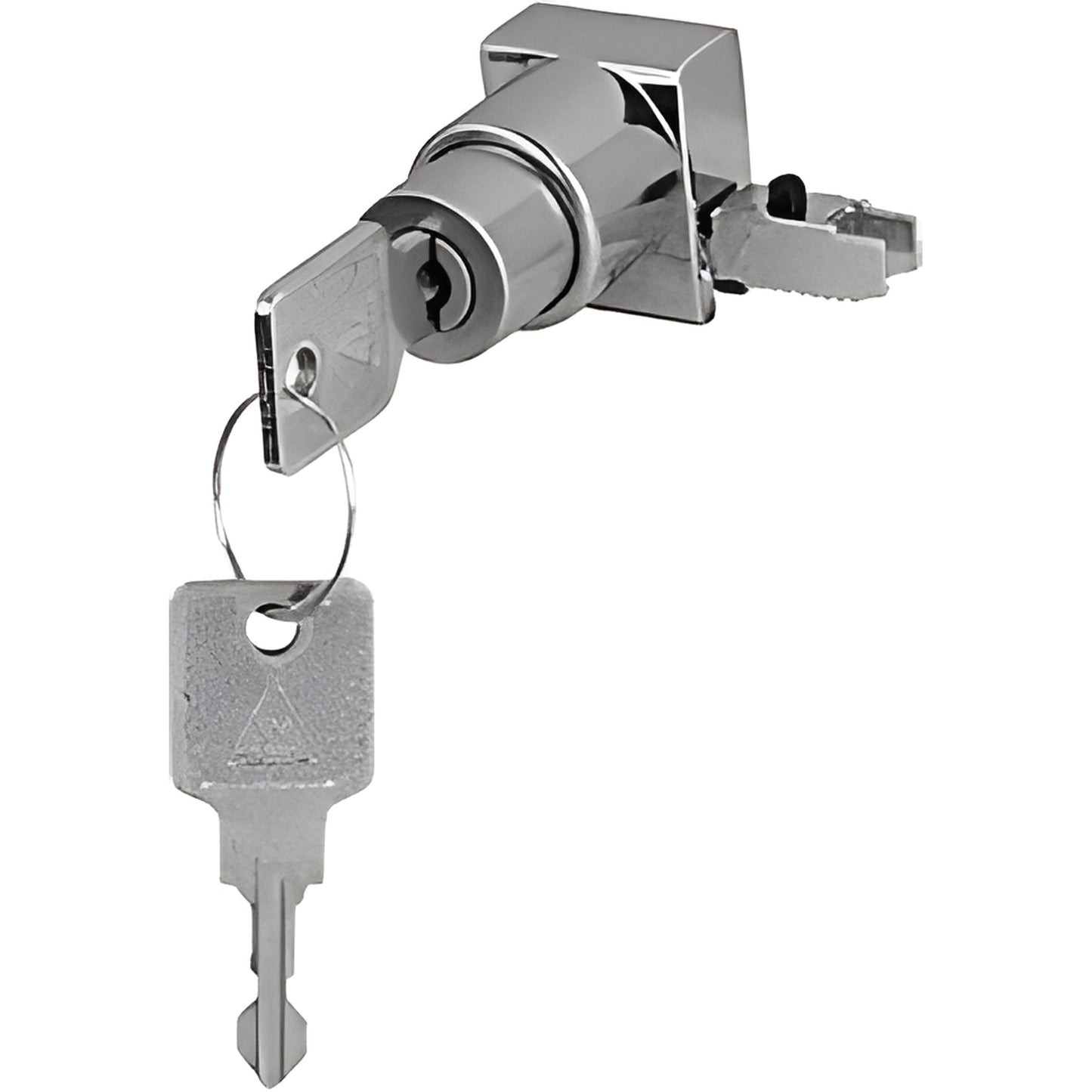 Polished chrome no-drill glass lock for DV146 H-Bar, reversible, keyed alike, with hanging key (SKU 0681CHKA)