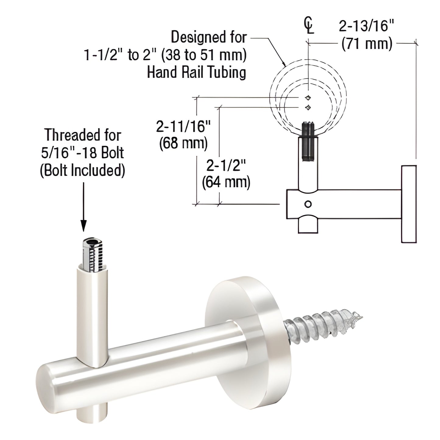 HR2FWPS polished stainless wall-mounted adjustable handrail bracket for 1-1/2" to 2" tubing, low-profile, ready-to-install.