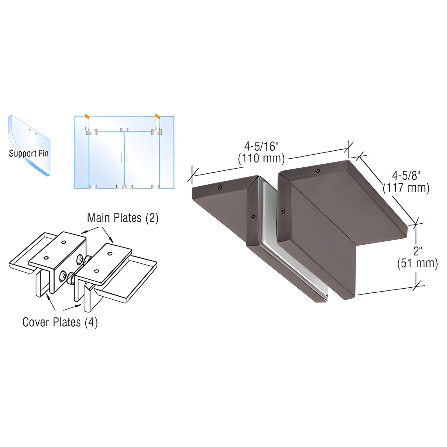PH94DU black bronze ceiling-mounted glass fin bracket for 3/8" or 1/2" tempered glass, with plates and dimensions.
