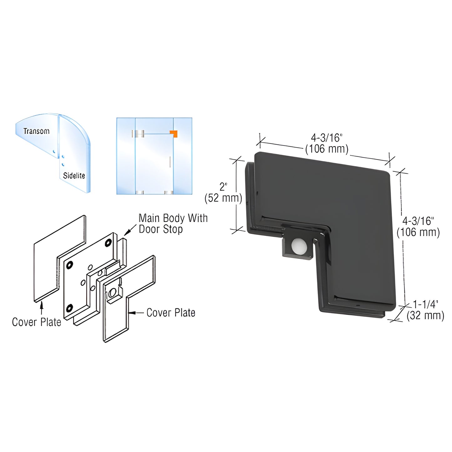 Matte black PH60MBL sidelite-to-transom patch connector with reversible stop for 3/8" or 1/2" glass.