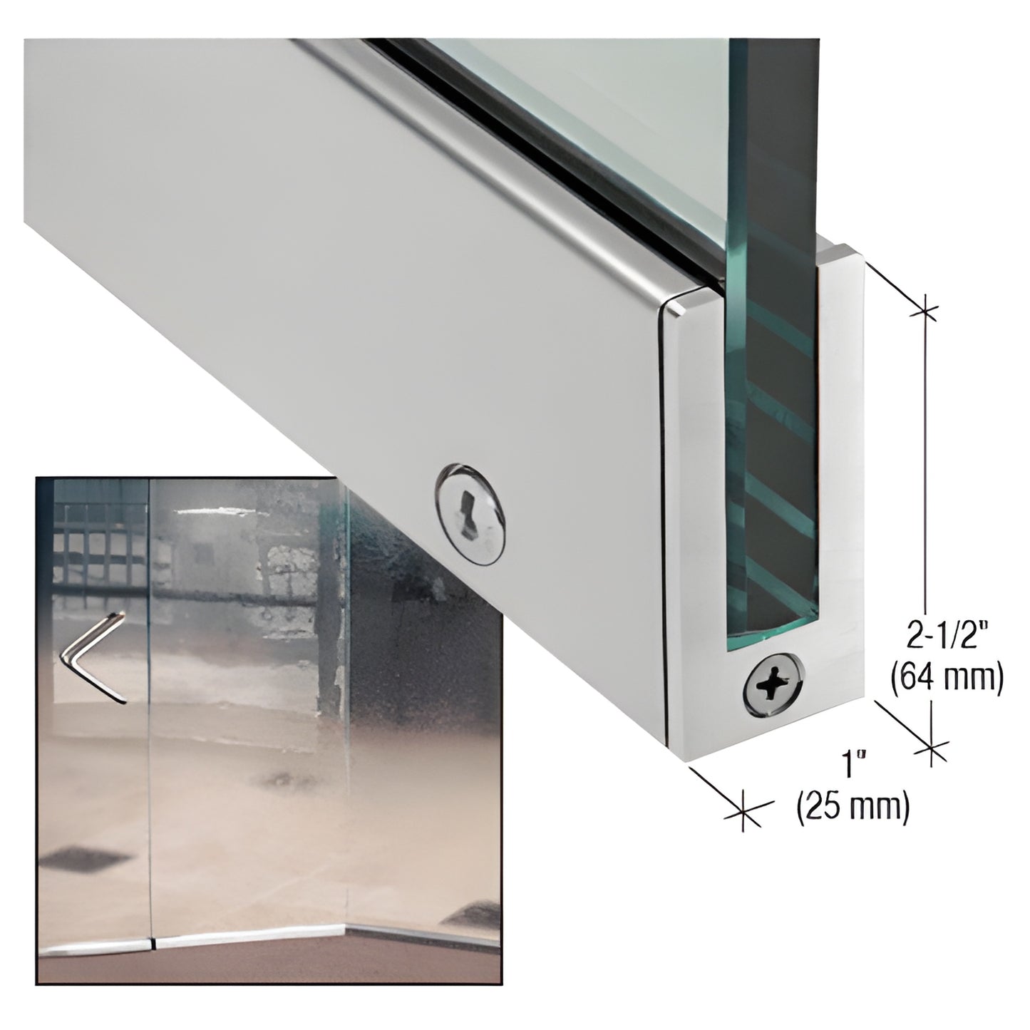 SP64BS12CL slender brushed stainless door rail for 1/2" tempered glass, 2-1/2" x 1", includes cam lock.