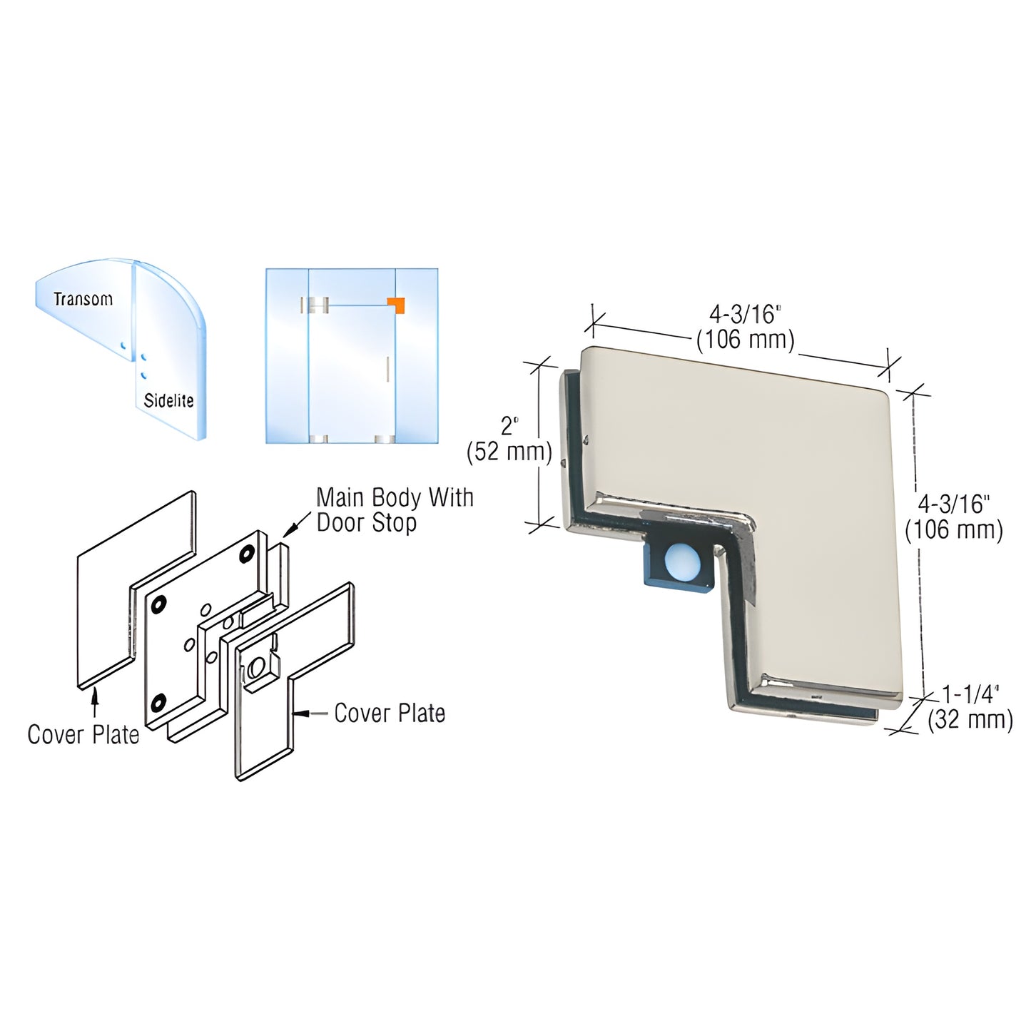 Brushed stainless sidelite-to-transom patch connector (SKU PH60BS) with reversible door stop, fits 3/8" or 1/2" (10/12mm) gla
