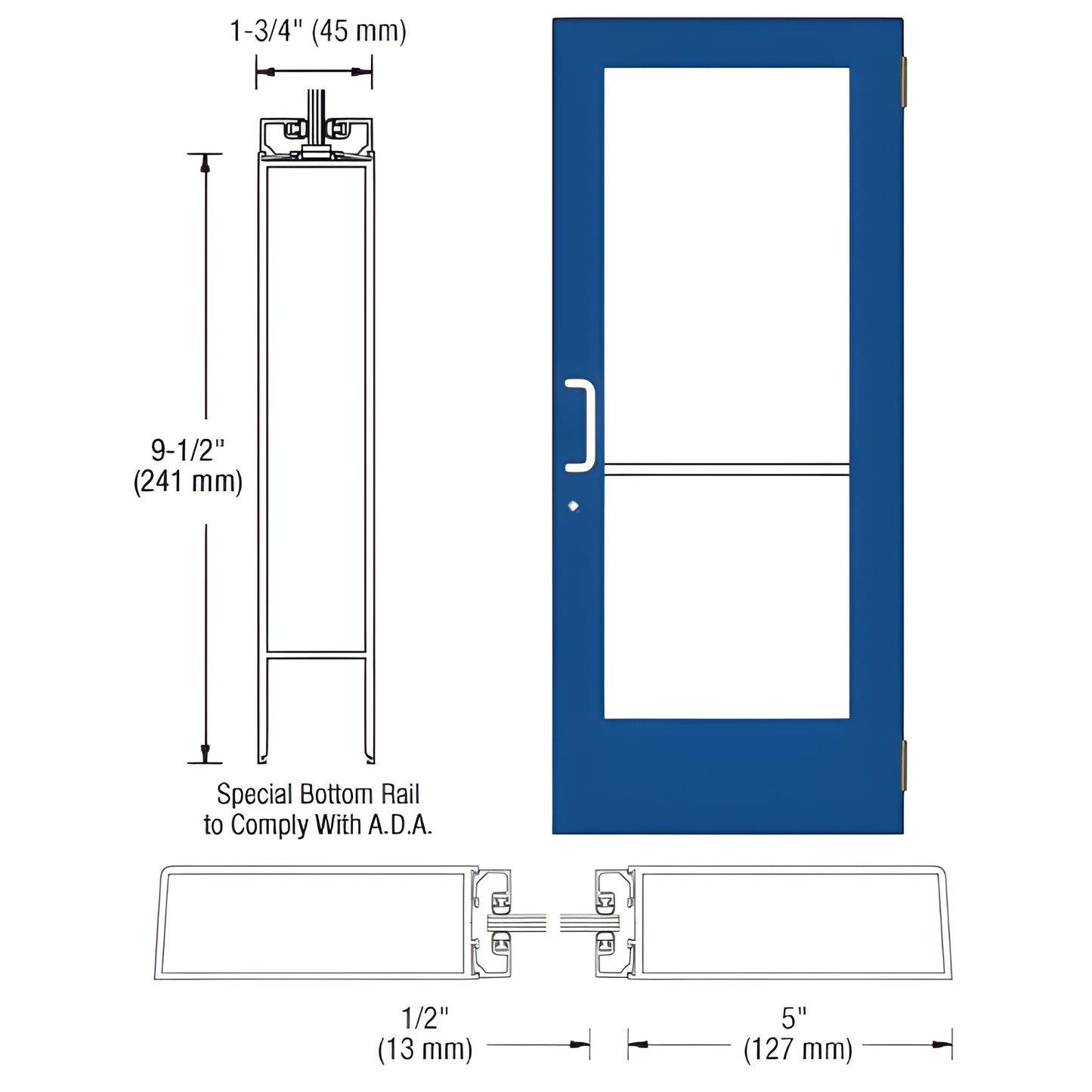 Blue CRL wide-stile glass entrance door (SKU CD51571) with 91 2" ADA bottom rail, 5" stiles and push/pull hardware