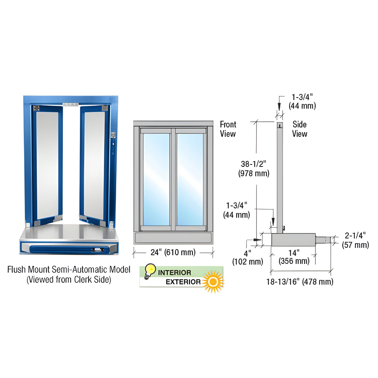 CRL SCBFW1C bi-fold service window, flush-mount semi-automatic aluminum frame with 1/4" clear tempered glass