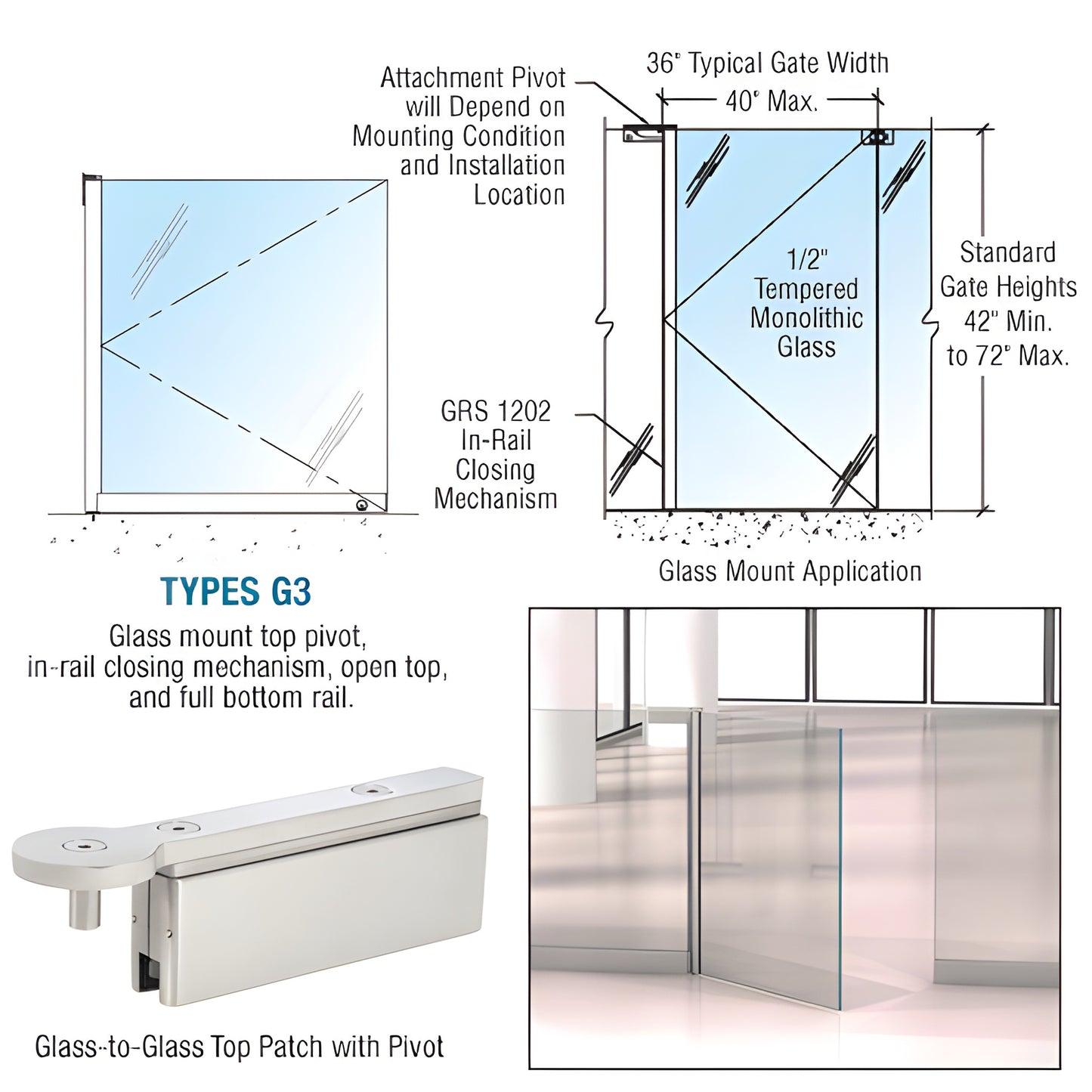 Brushed stainless steel GRS 1202 G3 swinging glass gate hardware with in-rail closer, fits 3/8-1/2" glass, up to 40" wide.