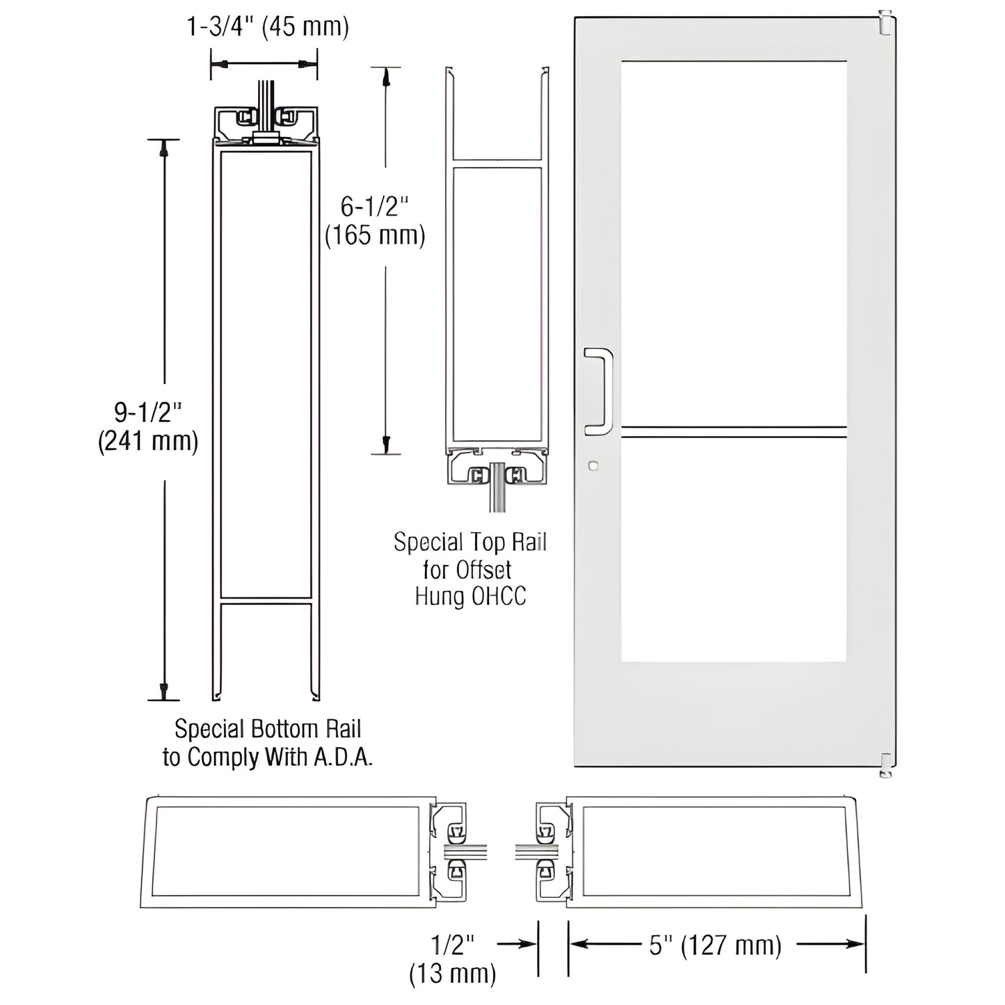 DE51152 White Kynar custom wide-stile commercial entrance door, 5" stiles, 91 2" ADA bottom rail, glass panel.