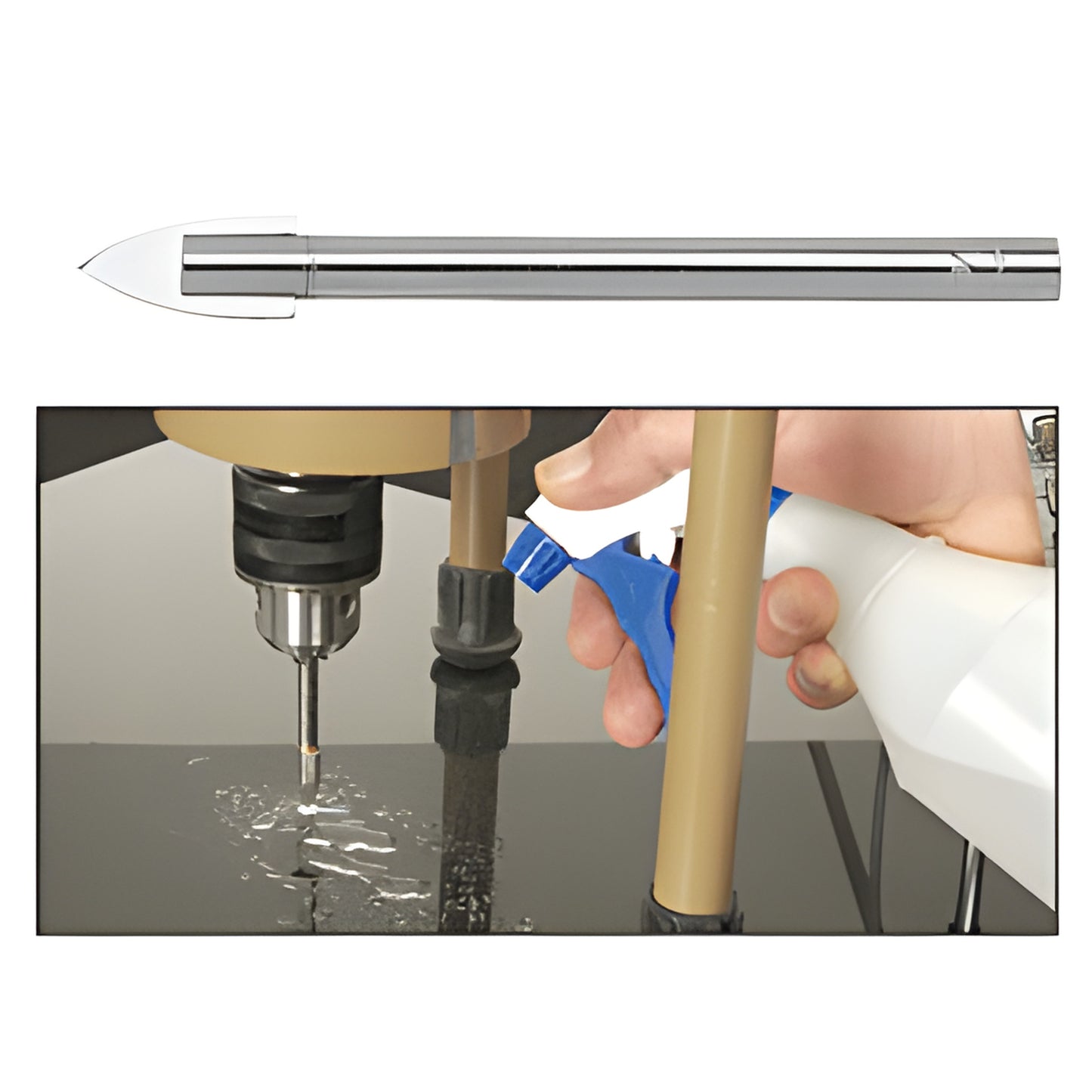 CRL spearpoint glass drill bit 3/8 in (SKU 616), chrome shank shown drilling glass with spray coolant