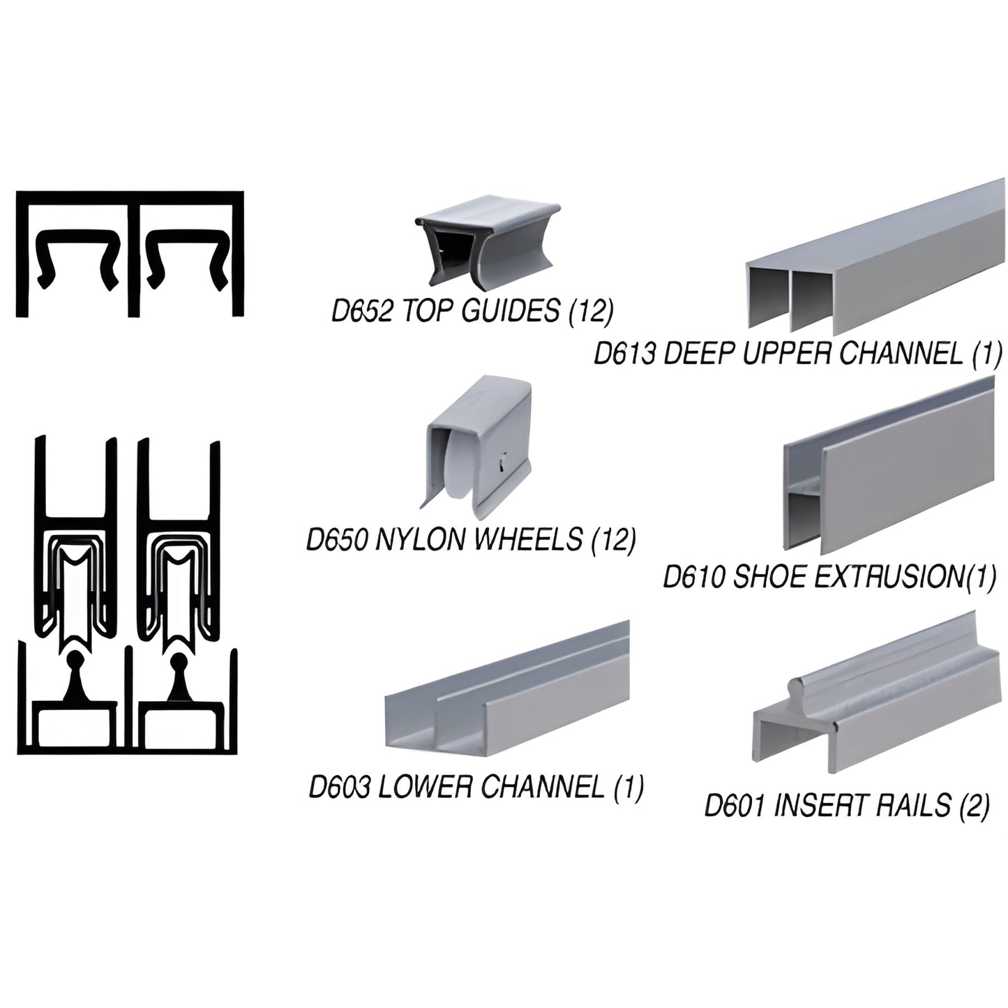 D2307A rolling track assembly components - satin anodized aluminum channels, D650 nylon wheels, guides and insert rails.