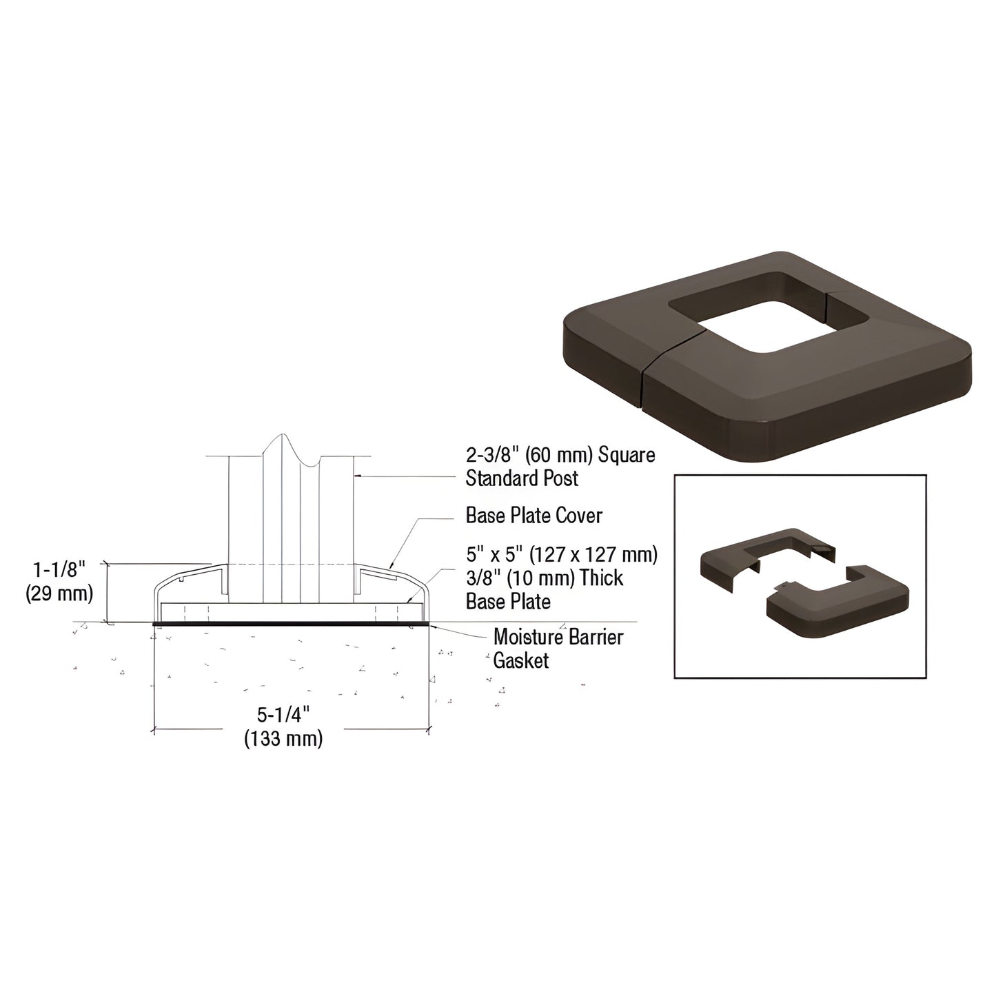 Matte bronze aluminum base plate cover (SKU CVR5BRZ) for 5" square base plates, fits 2-3/8" square posts