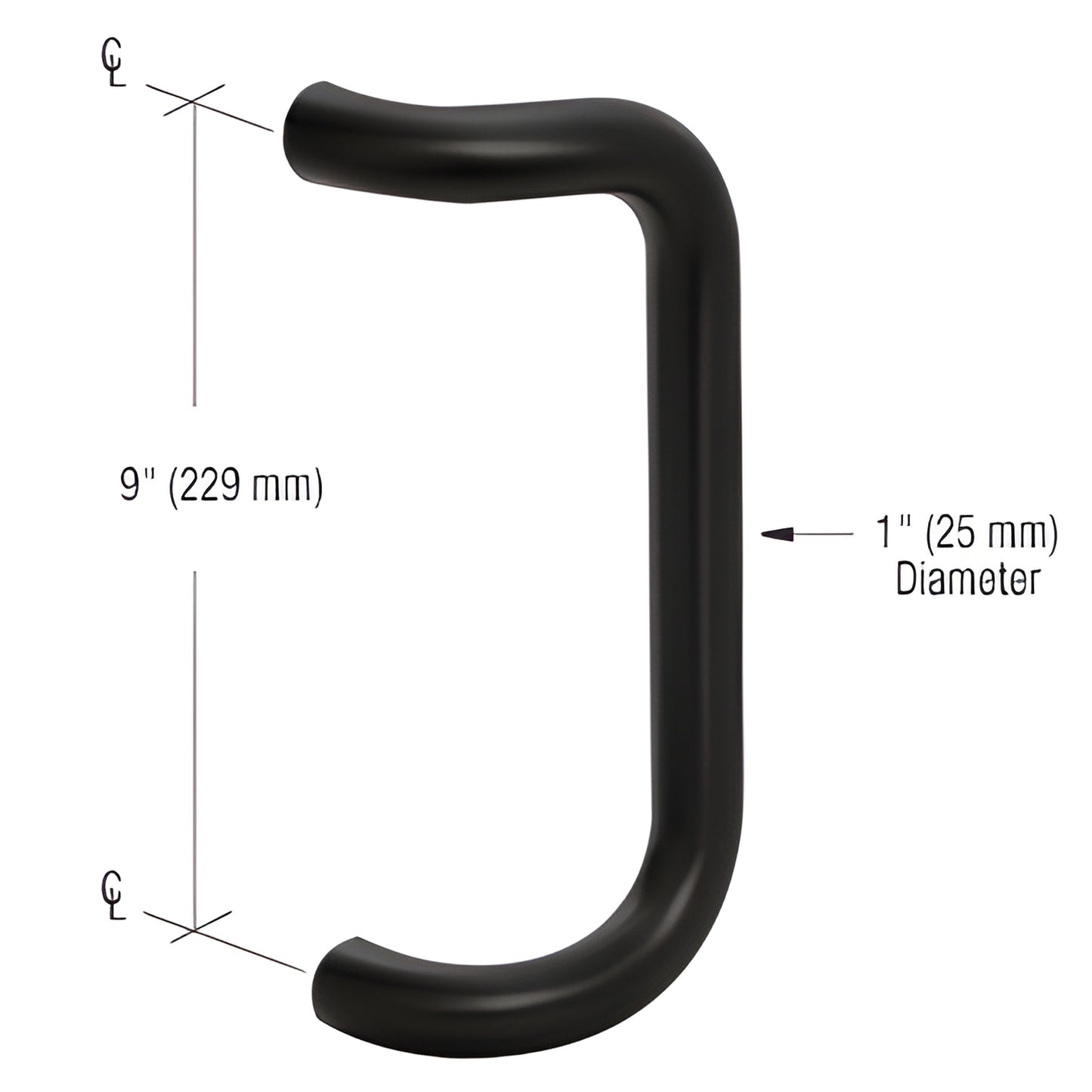 Matte black 1-inch diameter aluminum door pull handle, 9-inch center-to-center (SKU PR0323309)