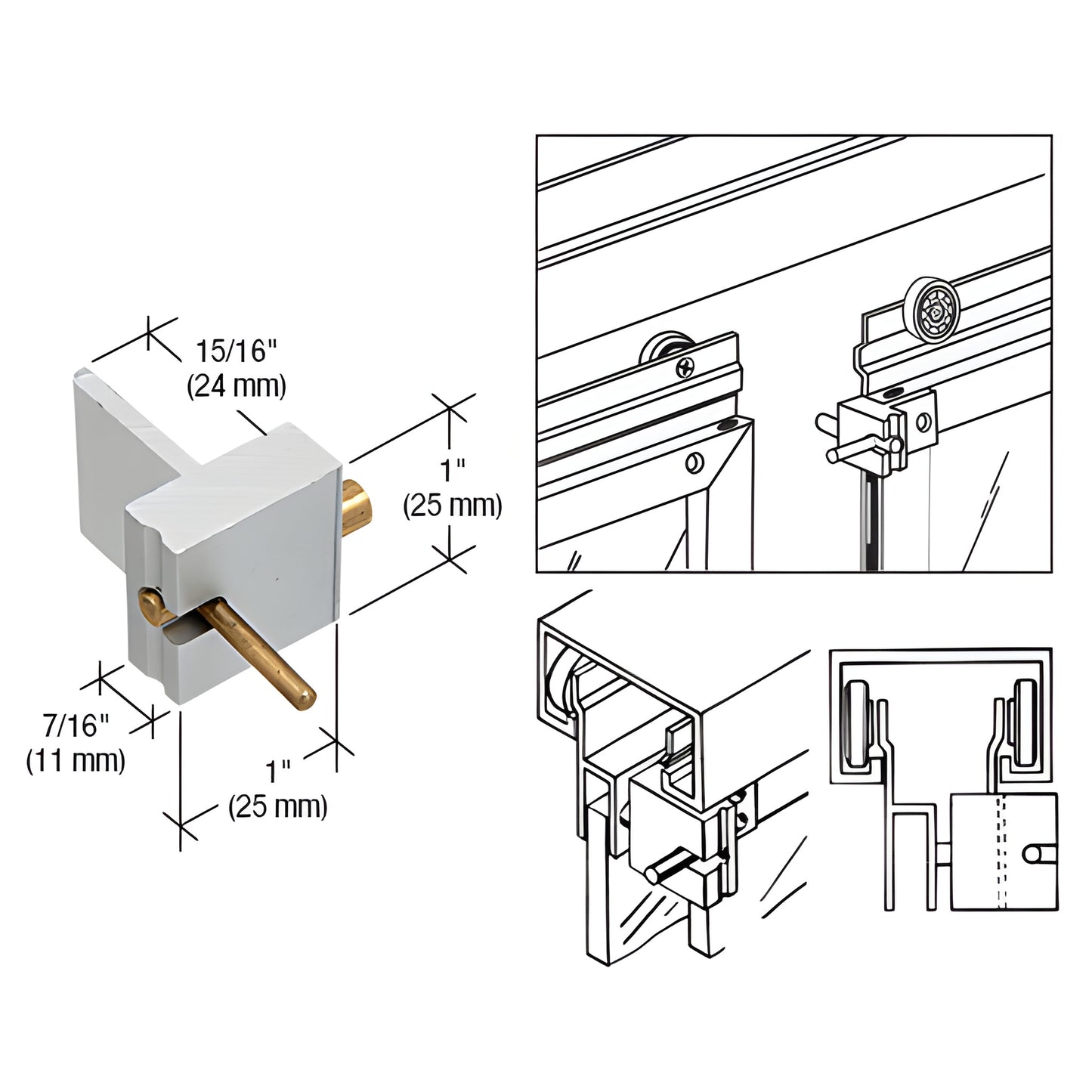 CRL D52A satin anodized aluminum spring-loaded catch for pass-thru windows; shows dimensions and installation diagrams.