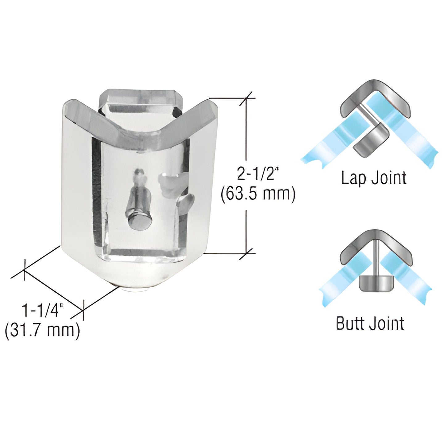 AMC90 clear acrylic 90 mall glass clamp for 3/8-1/2 tempered glass, 2-1/2 high, vinyl-protected screw and chrome cap.