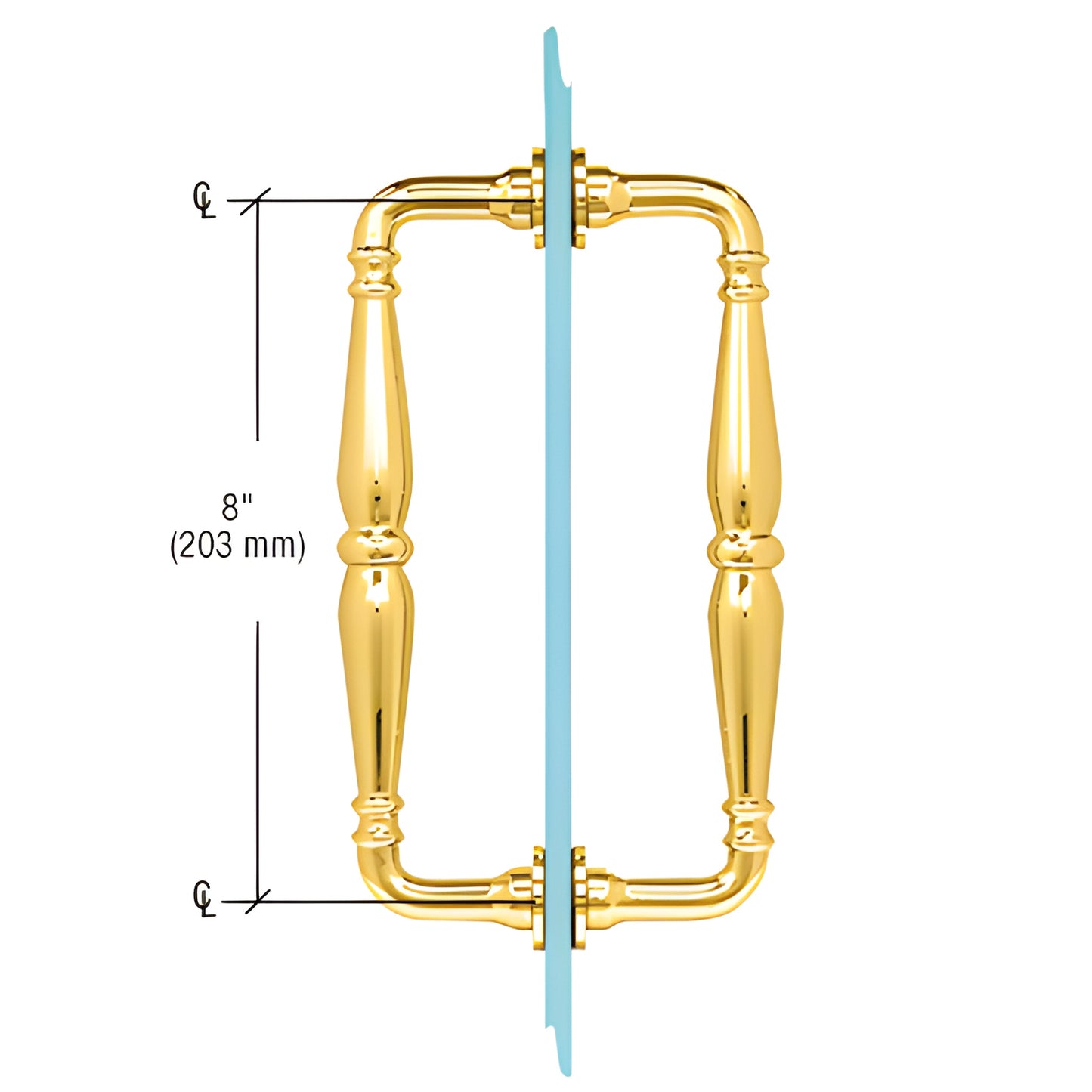Victorian solid brass unlacquered shower door pull handle, back-to-back, 8" c-to-c, fits 1/4-1/2" glass (SKU V1C8X8ULBR)