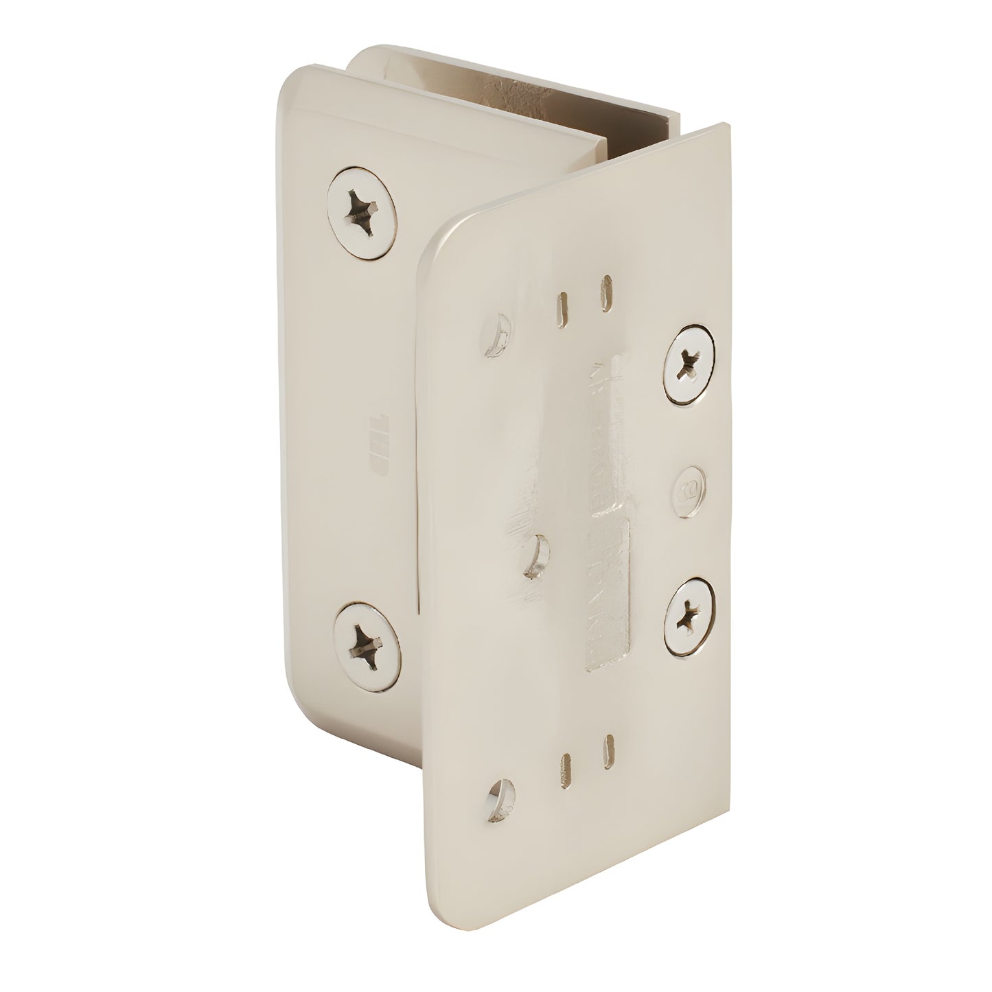 Satin nickel brass shower hinge P1N044SN for 8-12mm glass, offset back plate, beveled edge.