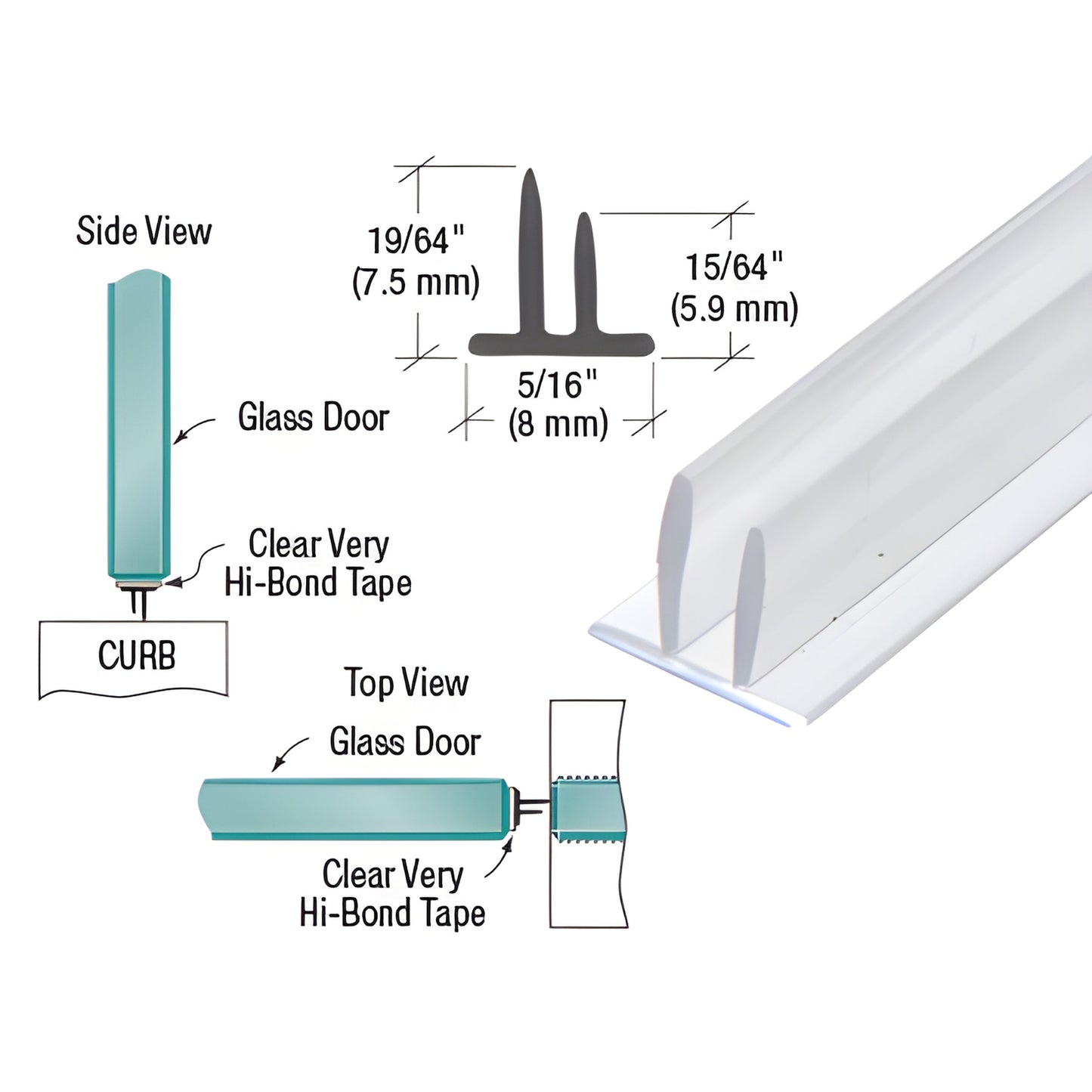 SDTDFT2 translucent clear vinyl double fin door seal for 8mm gap, adhesive tape option, 95 in length.