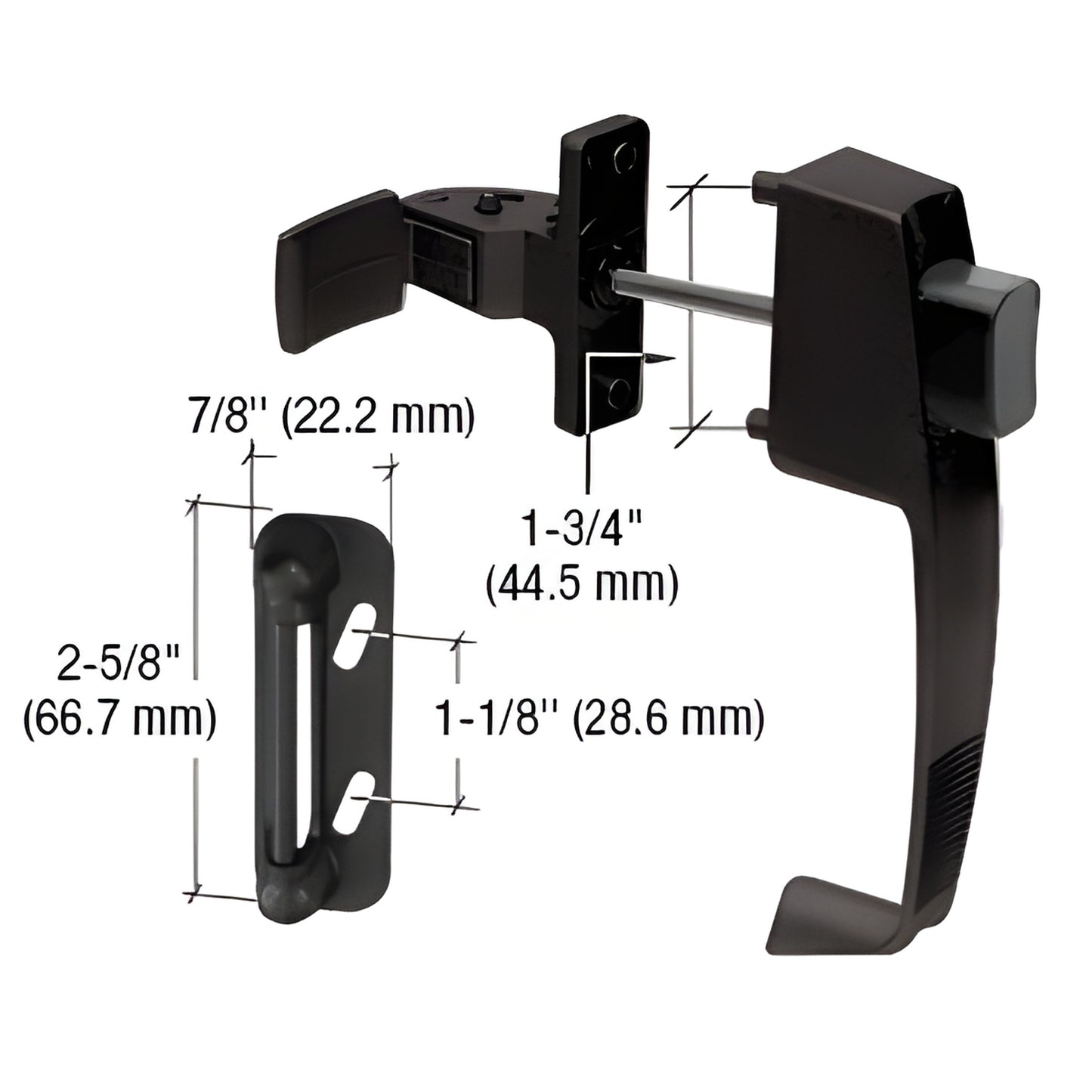 Black CRL push-button latch for outswing screen/storm doors, SKU K5071; fits 5/8-11 4 doors with 1-3/4 mounting center.