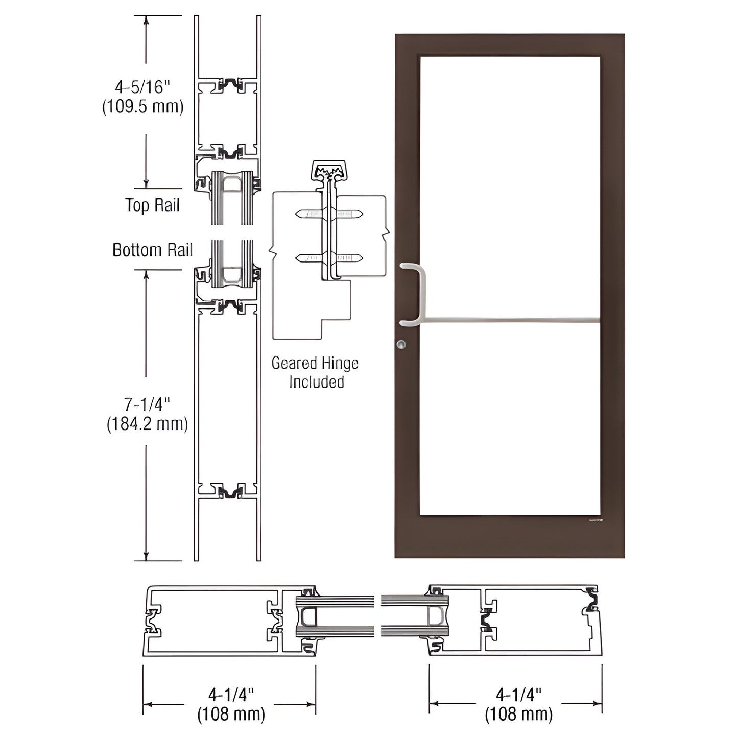 CRL medium stile entrance door, black bronze anodized frame, 4-1/4" stiles, 7-1/4" bottom rail - SKU 1D41822.