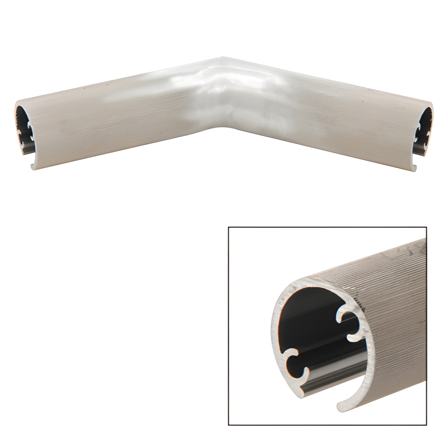 Mill aluminum 135 HRH15 handrail angle connector (SKU HRH15135M), slip-on profile for stainless or aluminum rail tubing.