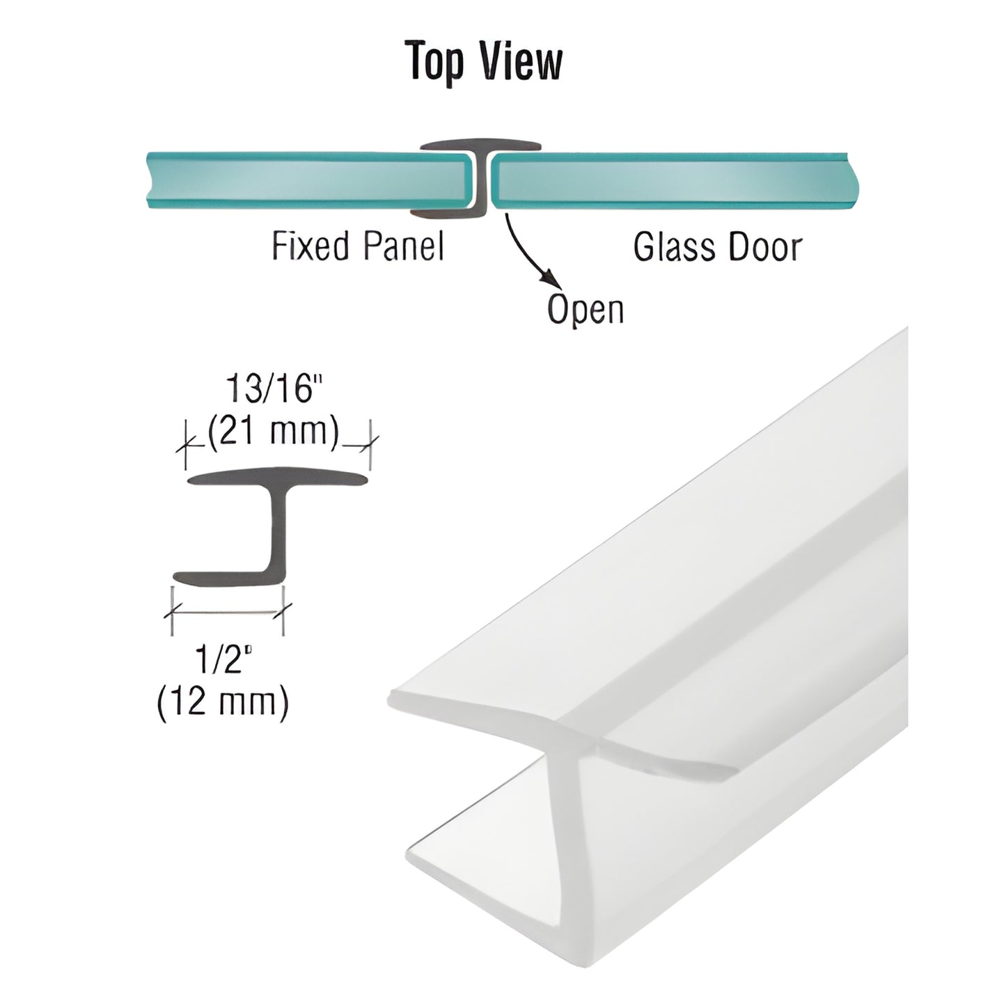 PCC10 clear polycarbonate Y jamb seal with soft vinyl leg for 180 glass-to-glass shower doors, 95" length, 3/8" (10mm) glazi