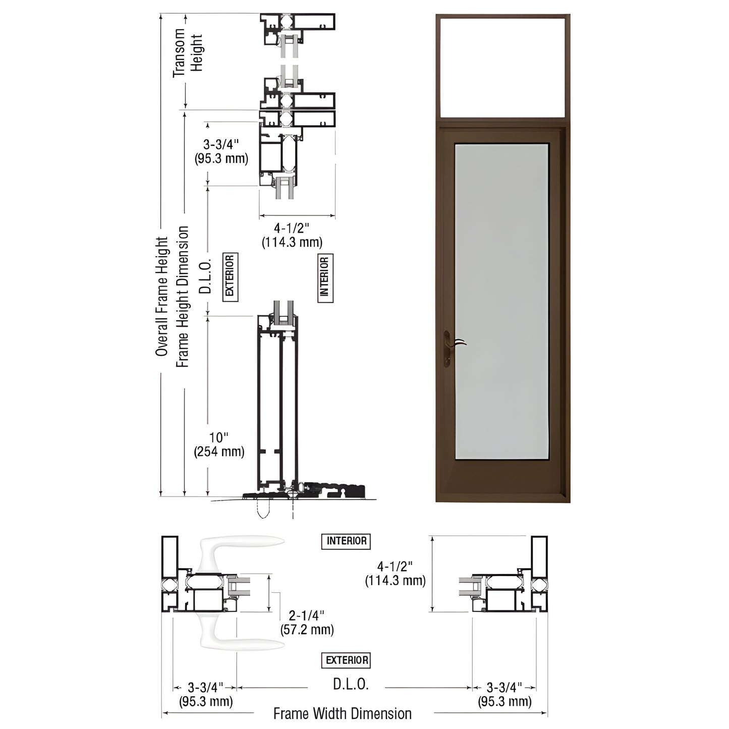 Outswing patio door, black bronze anodized with transom, 1" IG, thermally broken, five-point lock. SKU PNA91522L0