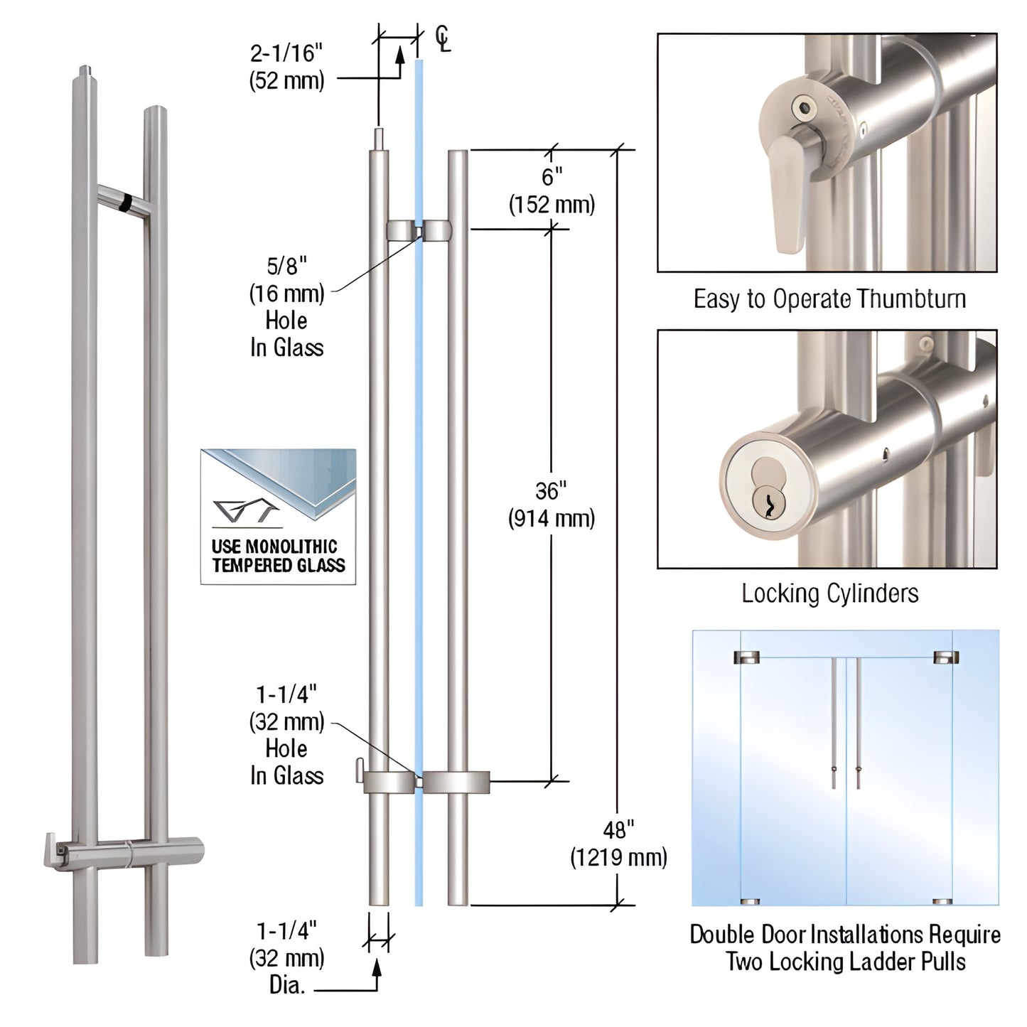 LLPUA48BS upward-locking 48" brushed 316 stainless ladder pull for glass doors, concealed ceiling deadbolt and thumbturn.