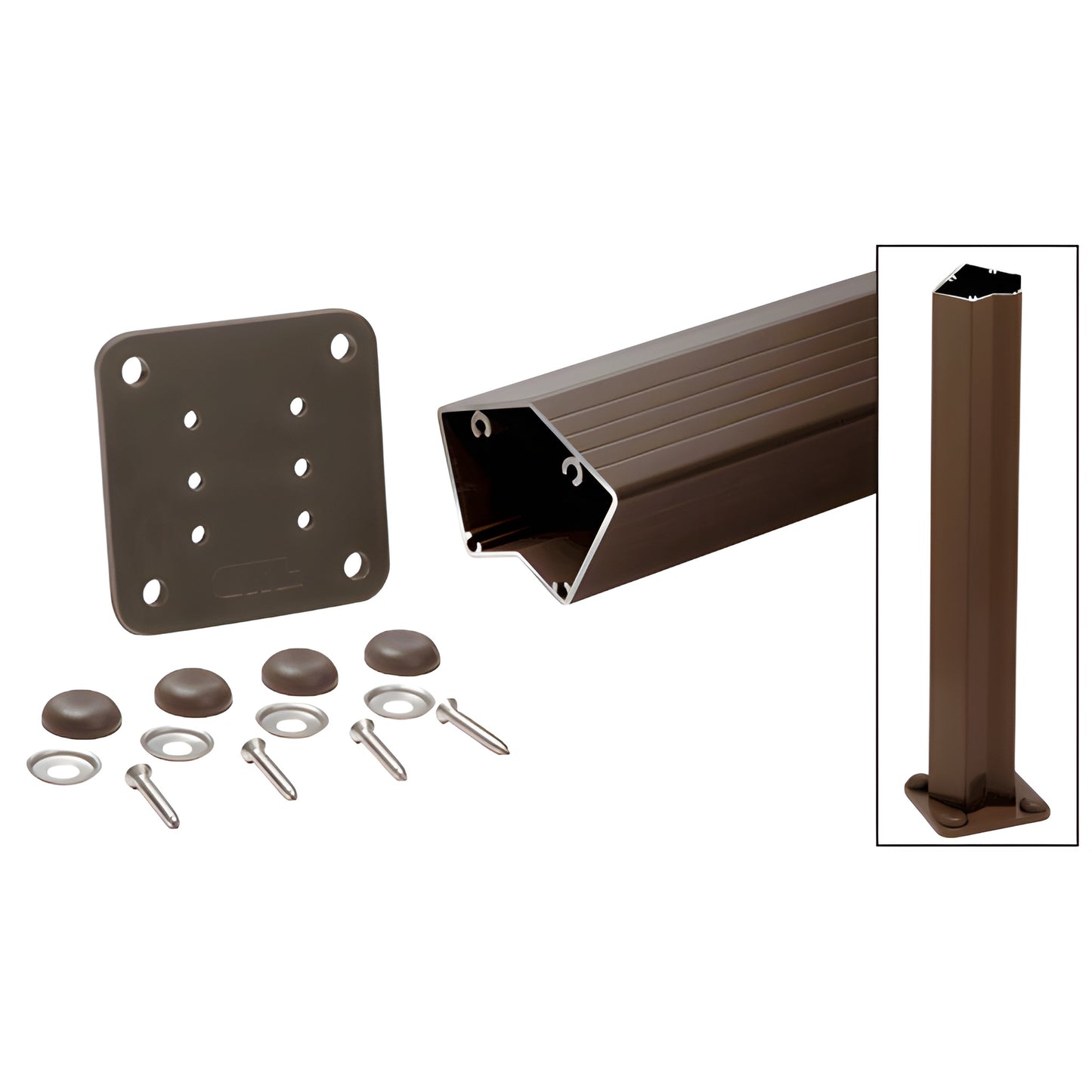 Matte bronze 135 aluminum post kit (SKU P548KBRZ) with base plate, screws, washers, caps, 48" post.