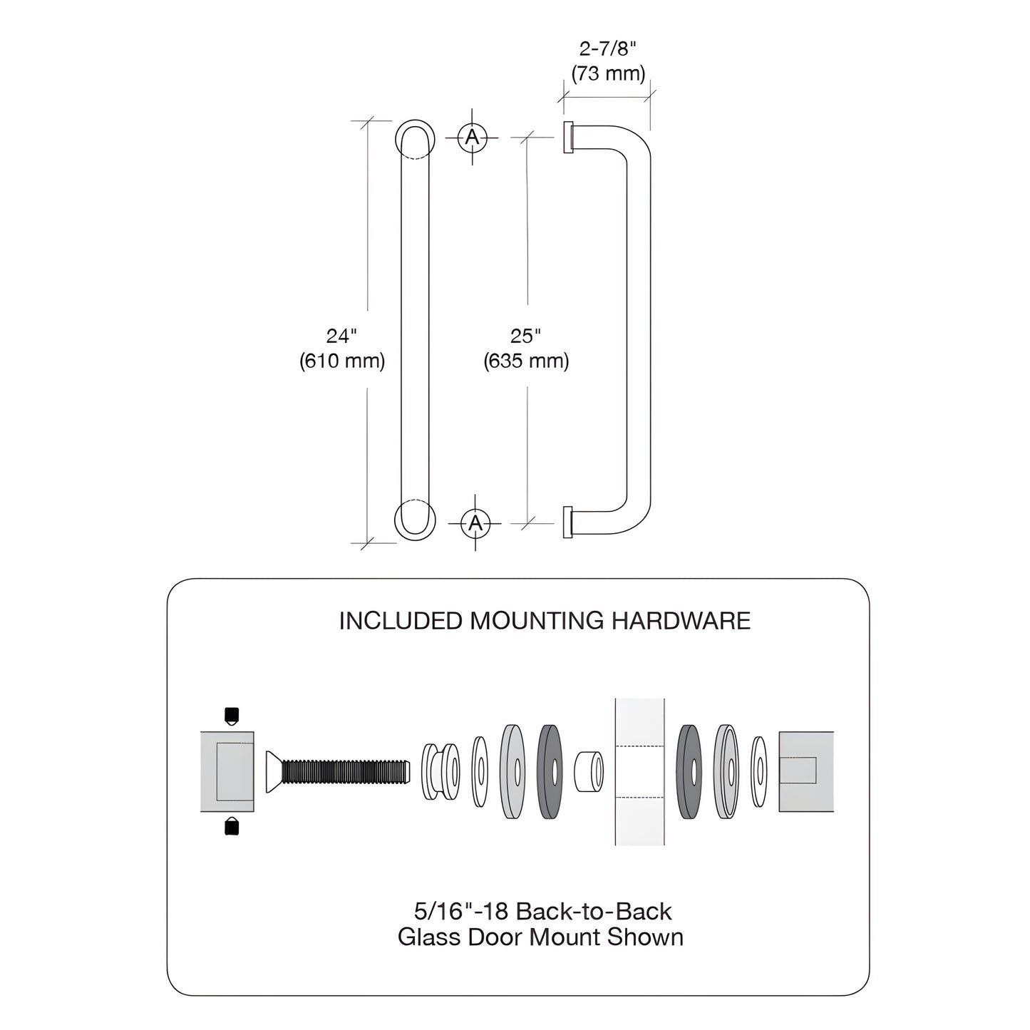 Polished stainless steel glass-mounted pull handle SKU CM24X24PS - 24in c-c, fits 3/8-3/4in tempered glass.