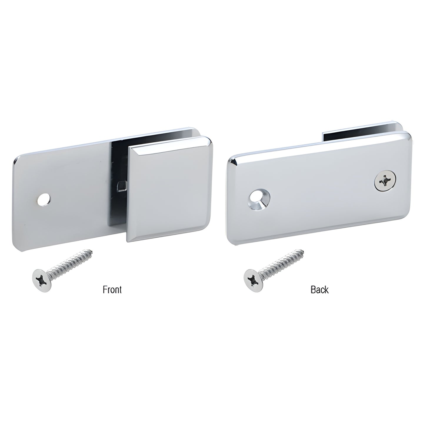 Polished chrome Y-clamp (SKU BGC182CH) for 3/8-1/2" frameless shower glass, solid brass, front/back views with mounting screw