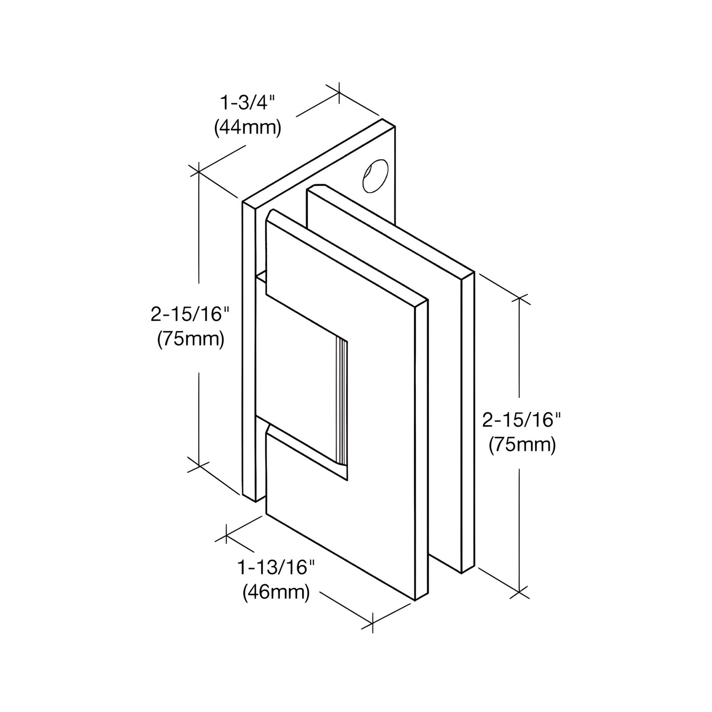 Polished nickel brass Junior Geneva glass shower hinge, wall-mount offset back plate for 1/4-5/16 glass (SKU JRG044PN)