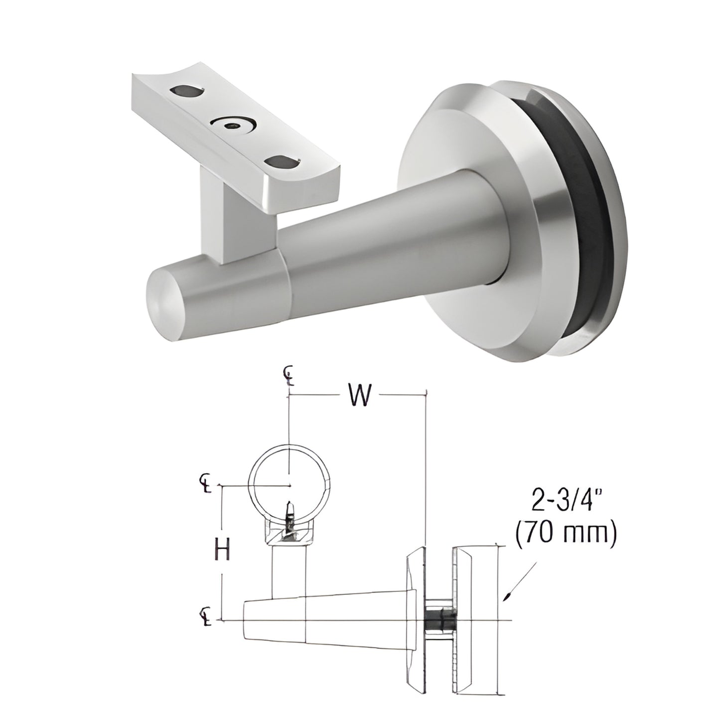 Stainless steel glass-mounted handrail bracket for 1-1/2 to 2 in. tubing, brushed finish, SKU WBNSCBS