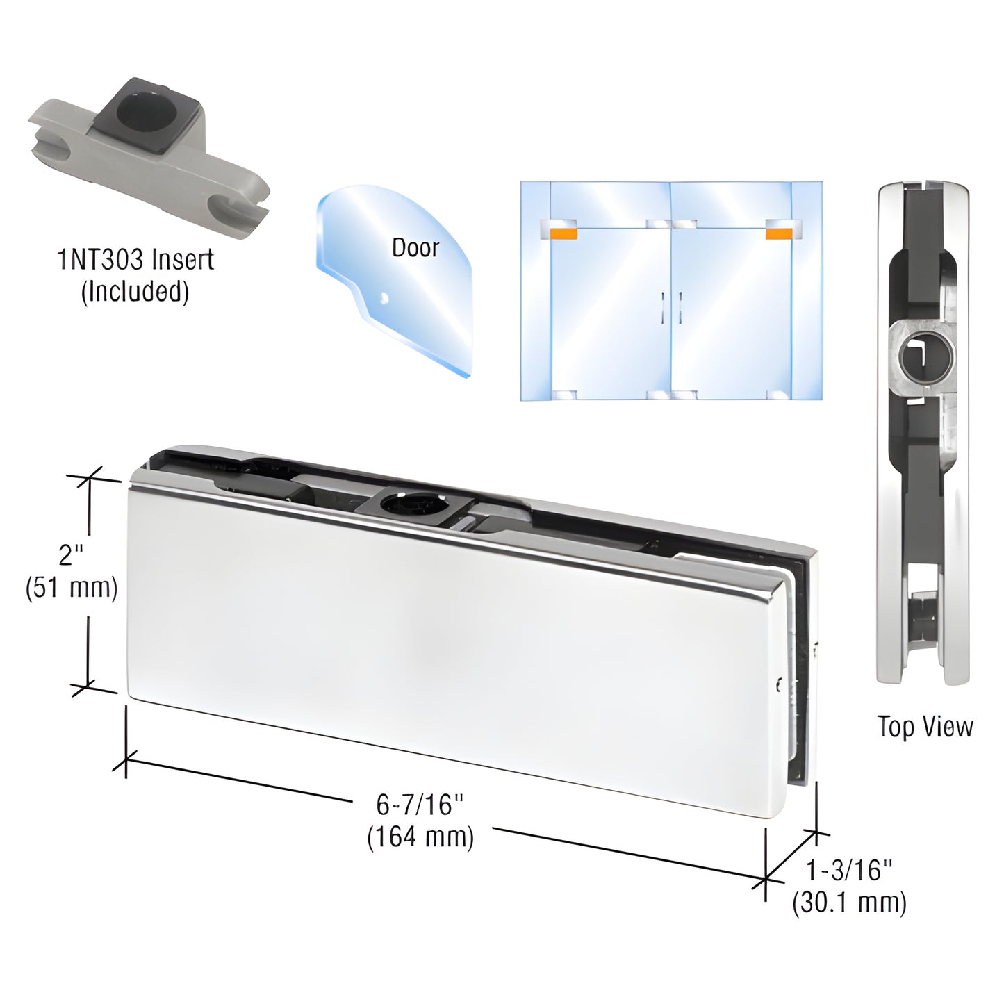 PH20AA top gate patch fitting, brushed stainless, for 3/8-1/2" tempered glass, 6-7/16" 2" top-corner fitting with insert.