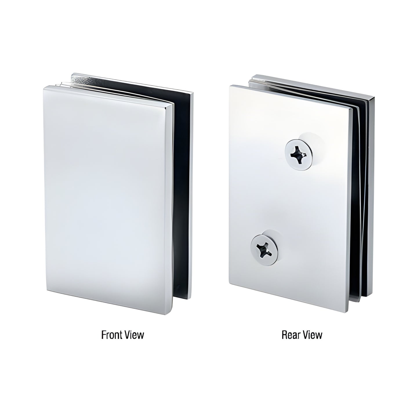 Brushed stainless steel 90 glass connector, front and rear views - CAM90BS