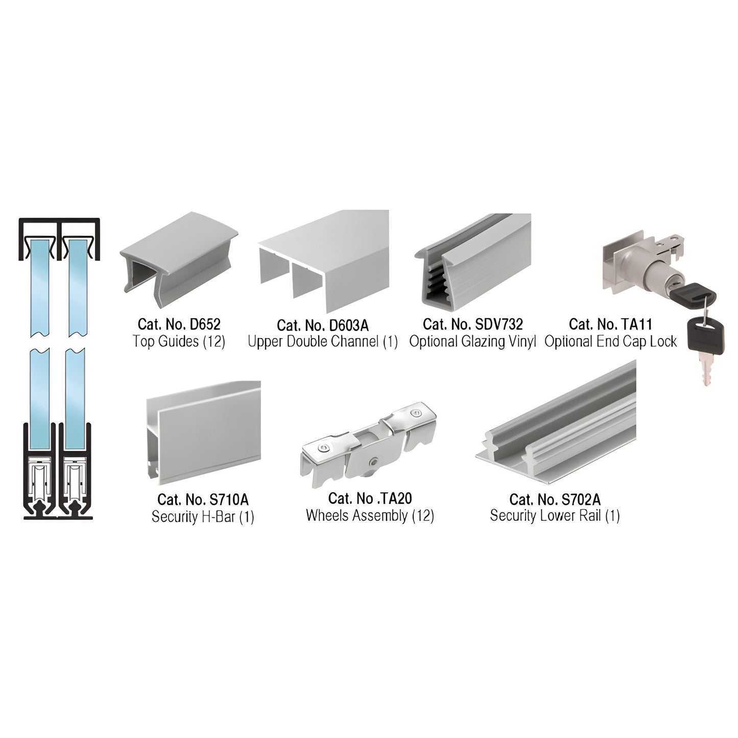 S700A security anti-lift rolling track kit - 12' satin-anodized extrusions with rails, H-bar, wheels, guides, lock