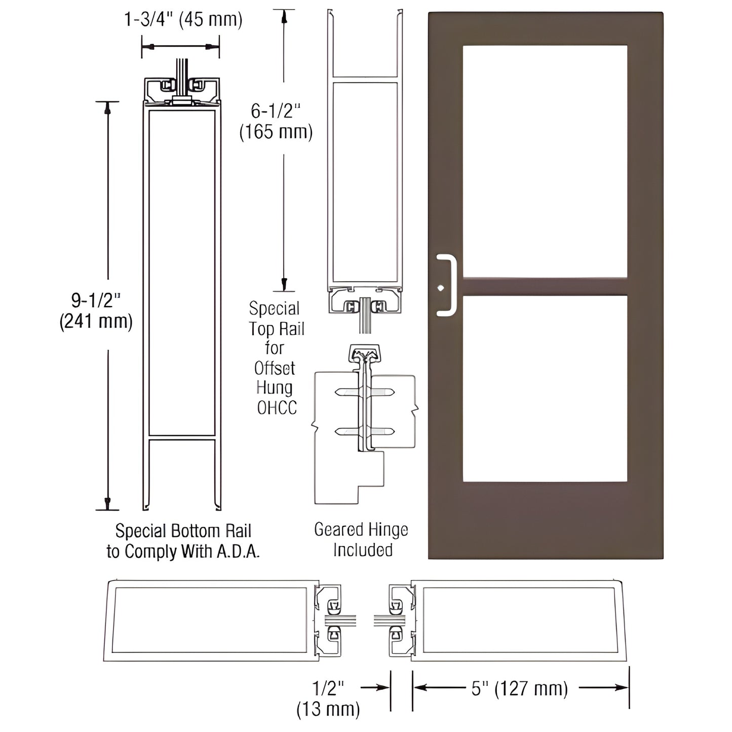 CZ51922 black bronze anodized wide-stile commercial entrance door with 5" stiles, 91 2" ADA bottom rail, gear hinge & panic har