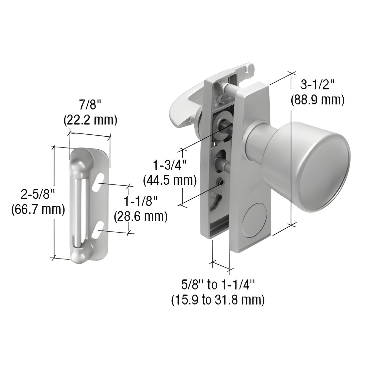 K5000 aluminum tulip knob latch for outswing screen doors, fits 5/8 to 1-1/4" thick, with strike & night lock